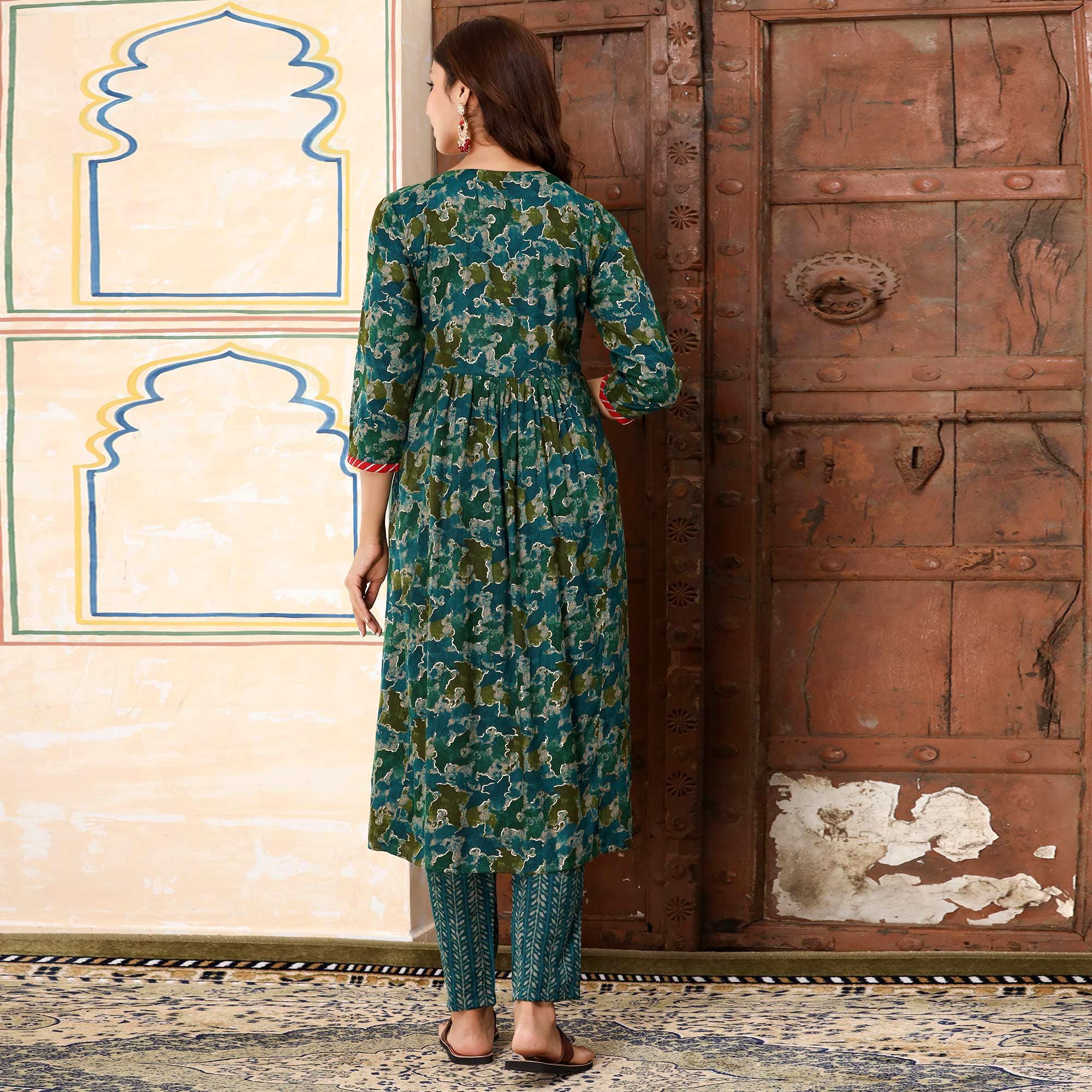 Blue Printed-Embroidered Rayon Salwar Suit - Peachmode