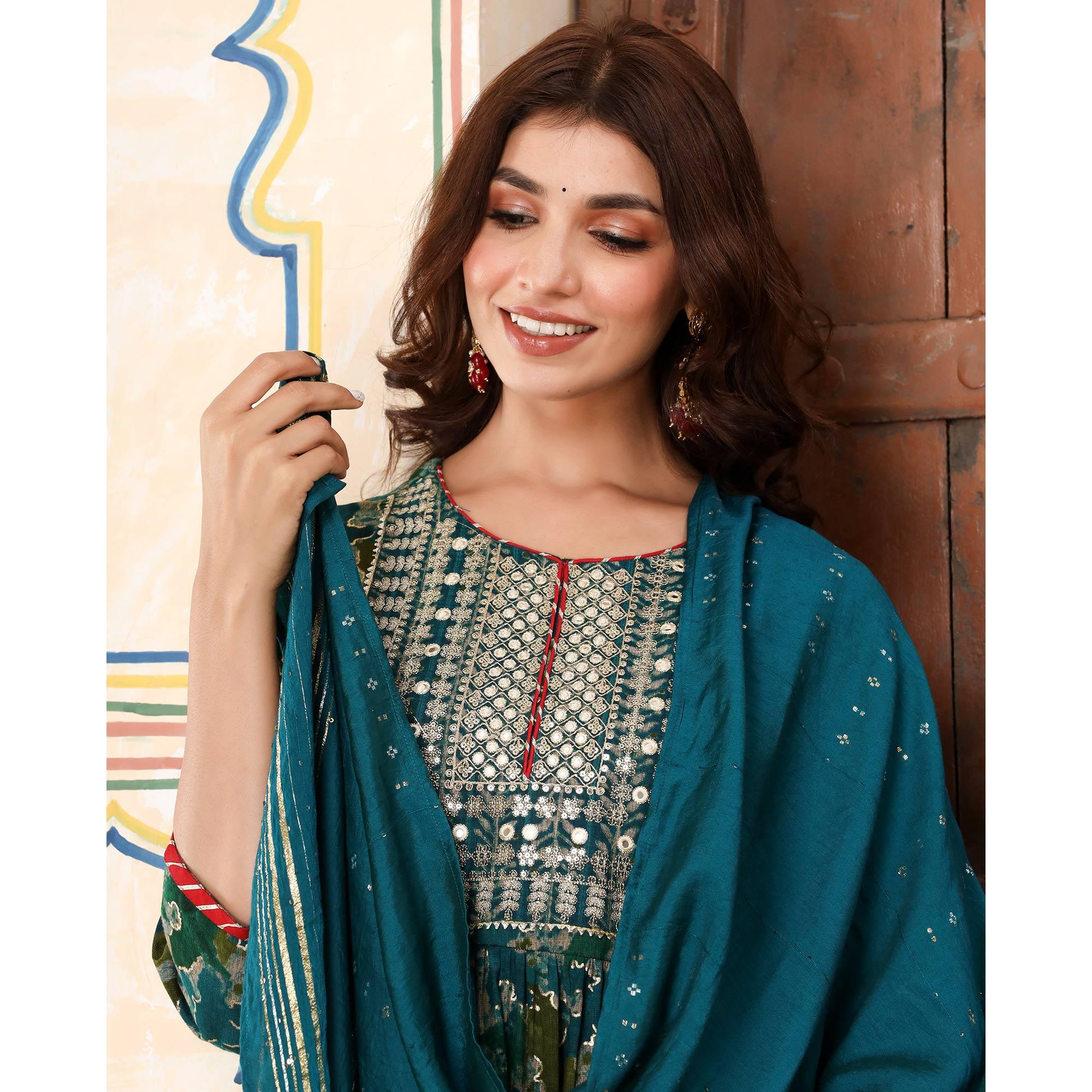 Blue Printed-Embroidered Rayon Salwar Suit - Peachmode