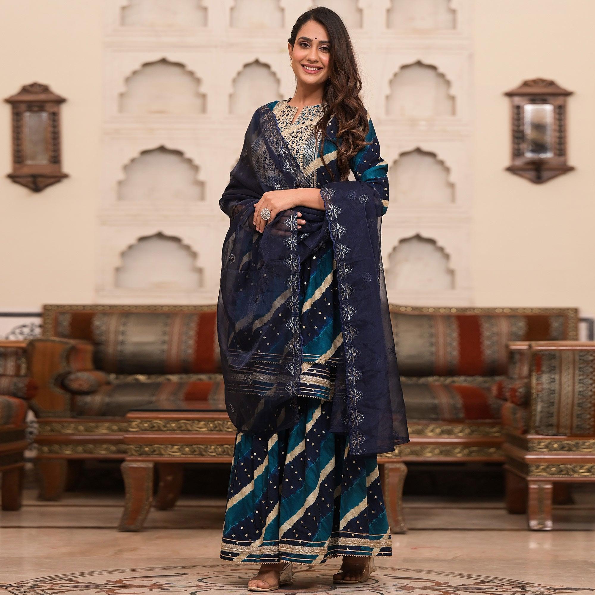 Blue Printed-Embroidered Rayon Sharara Suit - Peachmode
