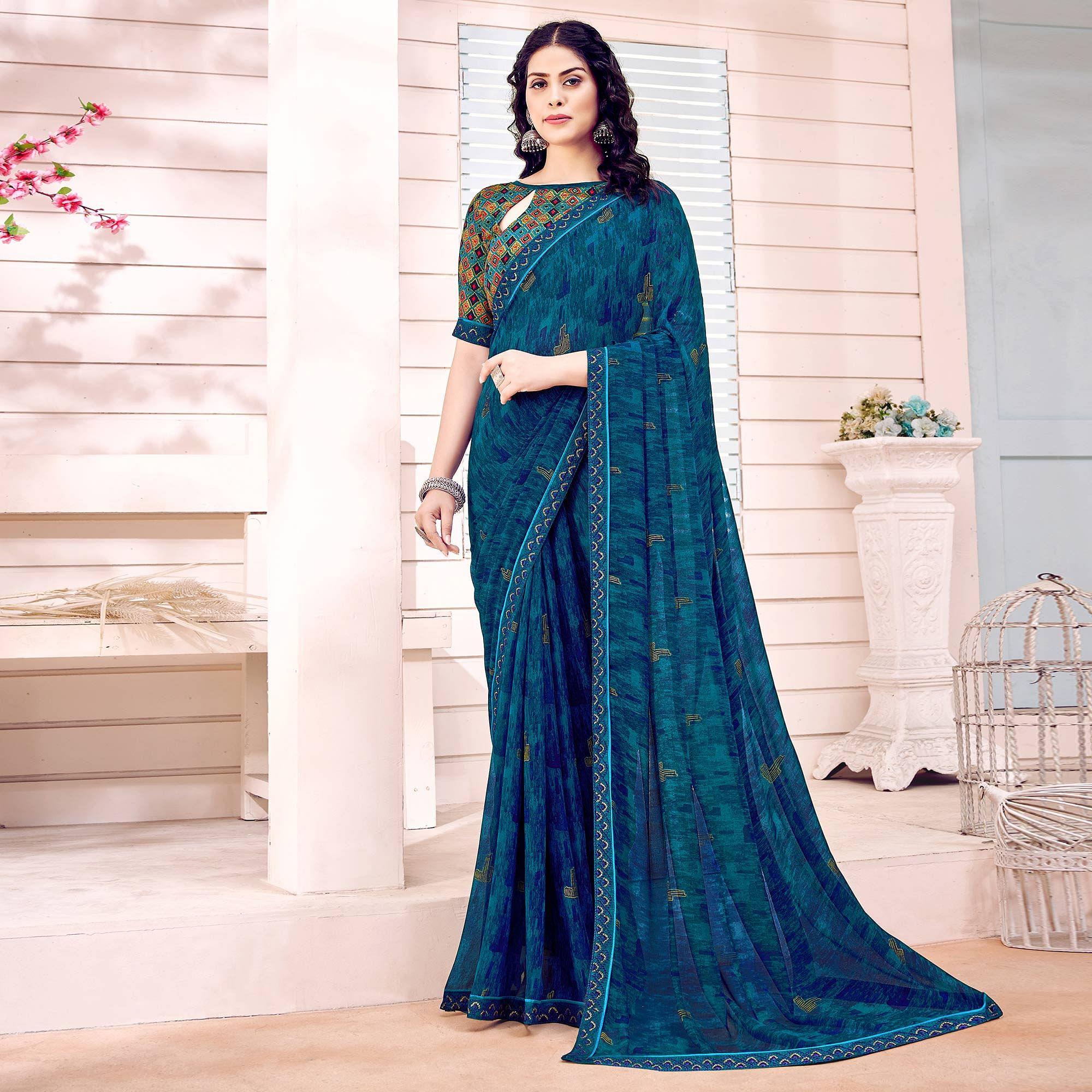 Blue Printed Georgette Saree - Peachmode