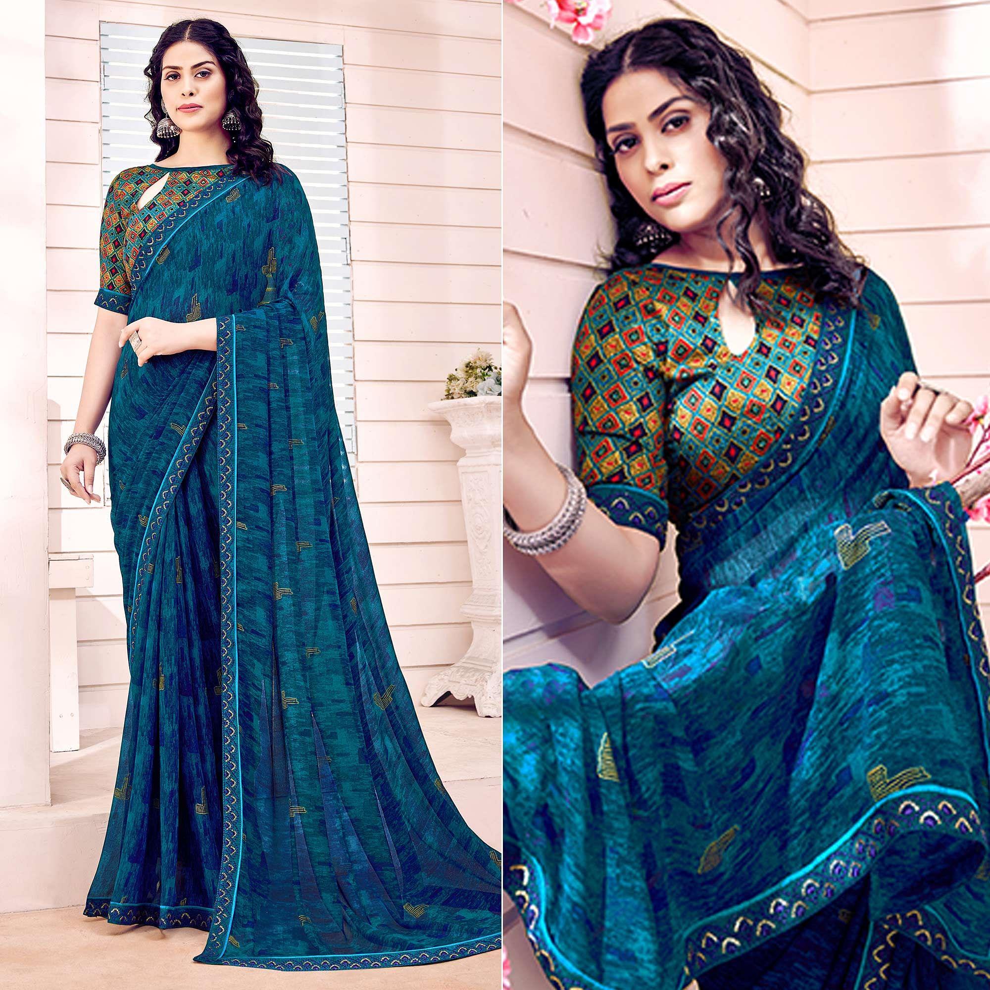 Blue Printed Georgette Saree - Peachmode