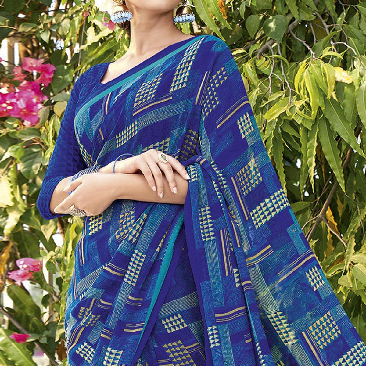 Blue Printed Georgette Saree - Peachmode