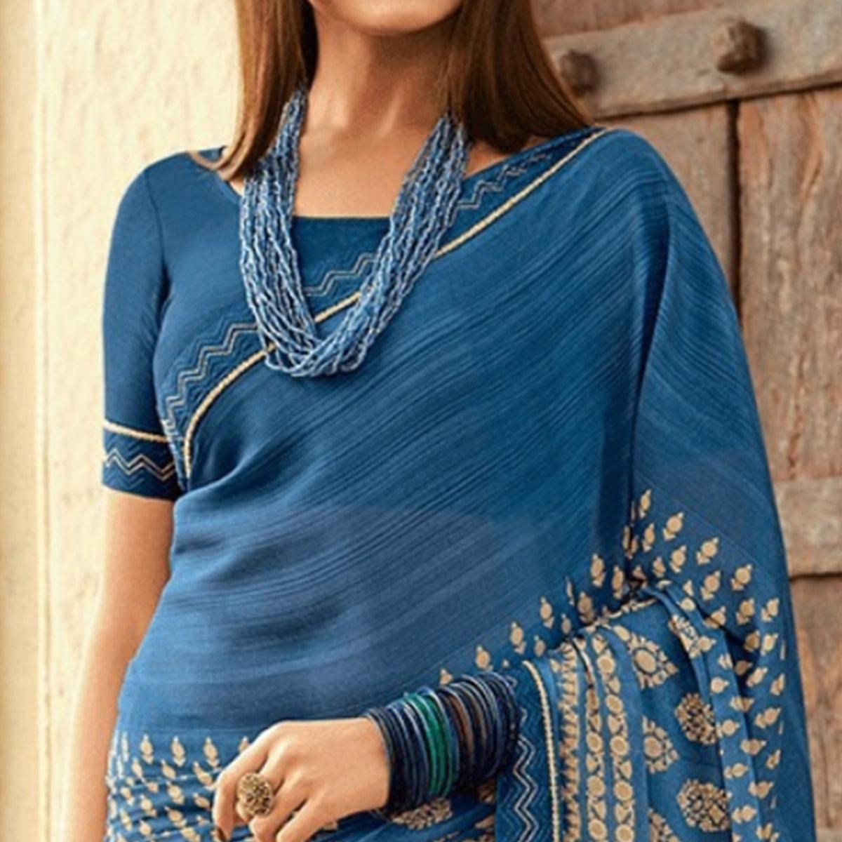 Blue Printed Georgette Saree - Peachmode