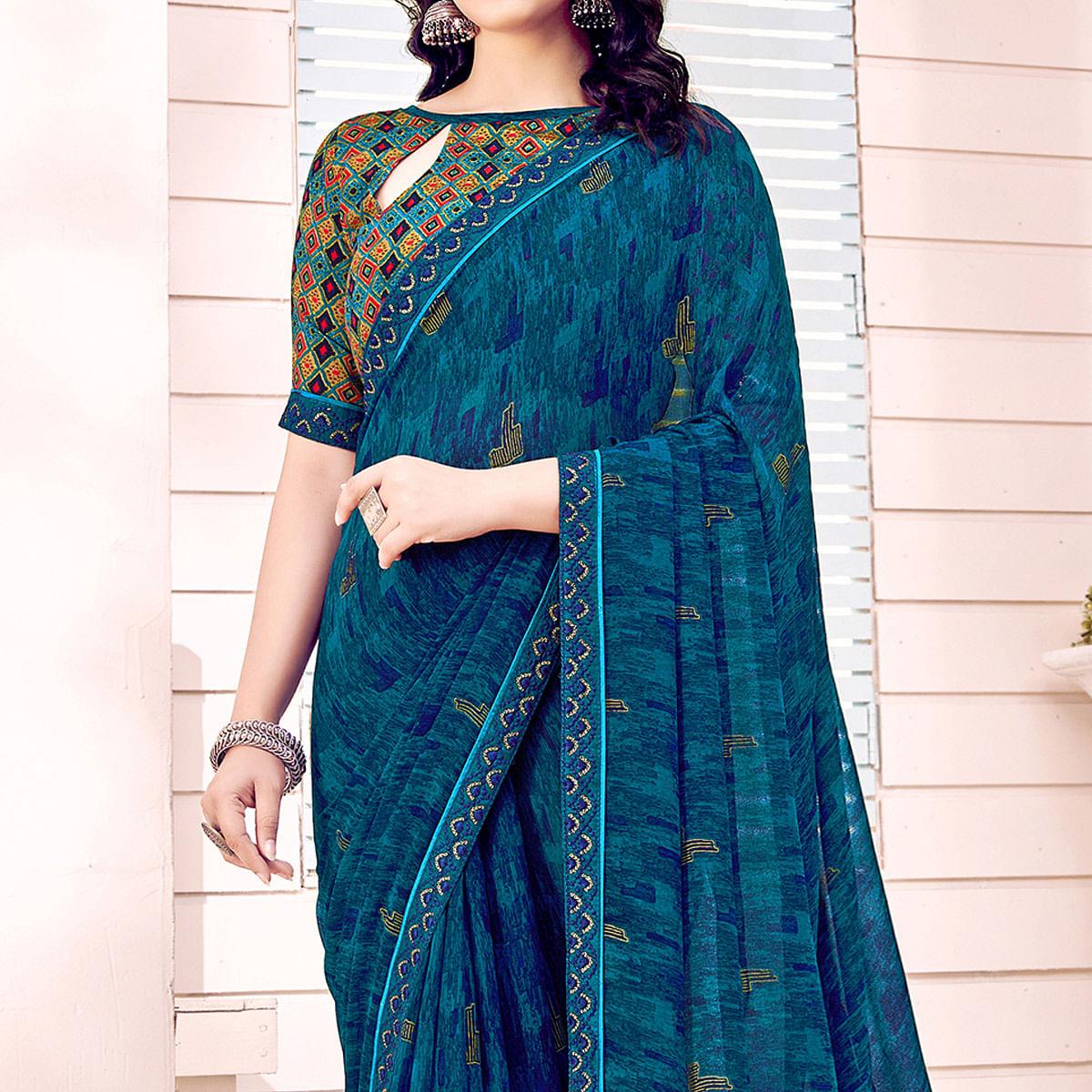 Blue Printed Georgette Saree - Peachmode