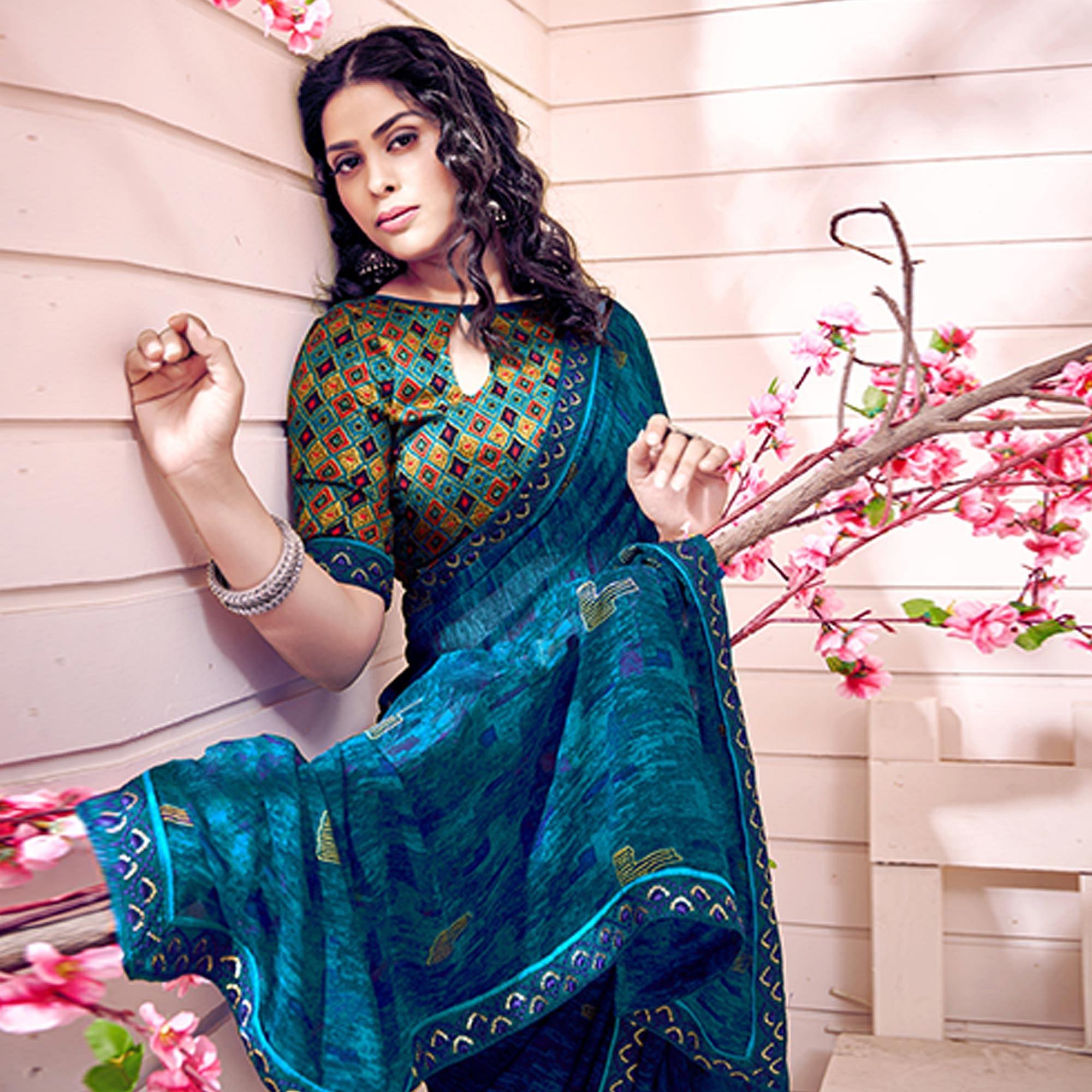 Blue Printed Georgette Saree - Peachmode