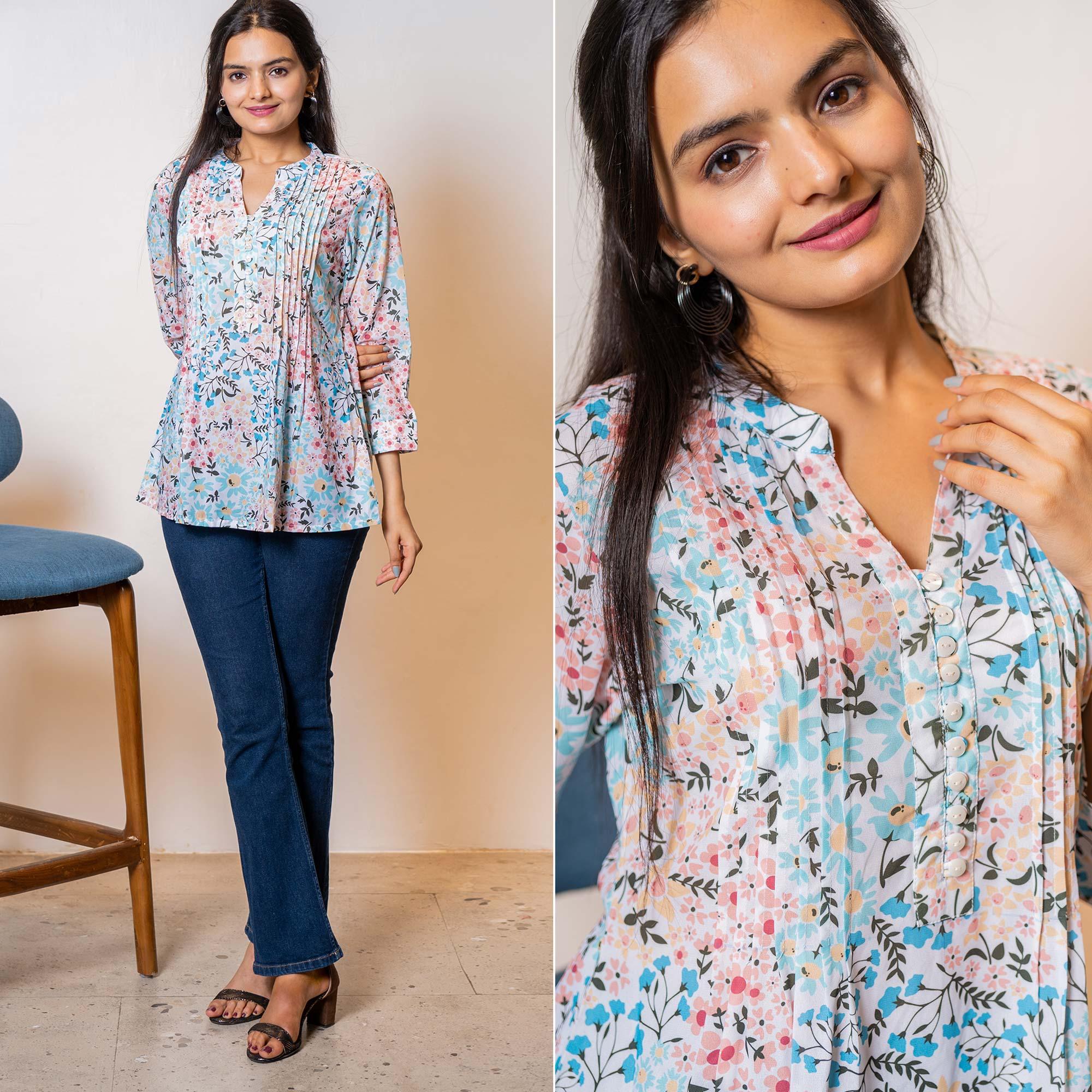 Blue Printed Georgette Top - Peachmode