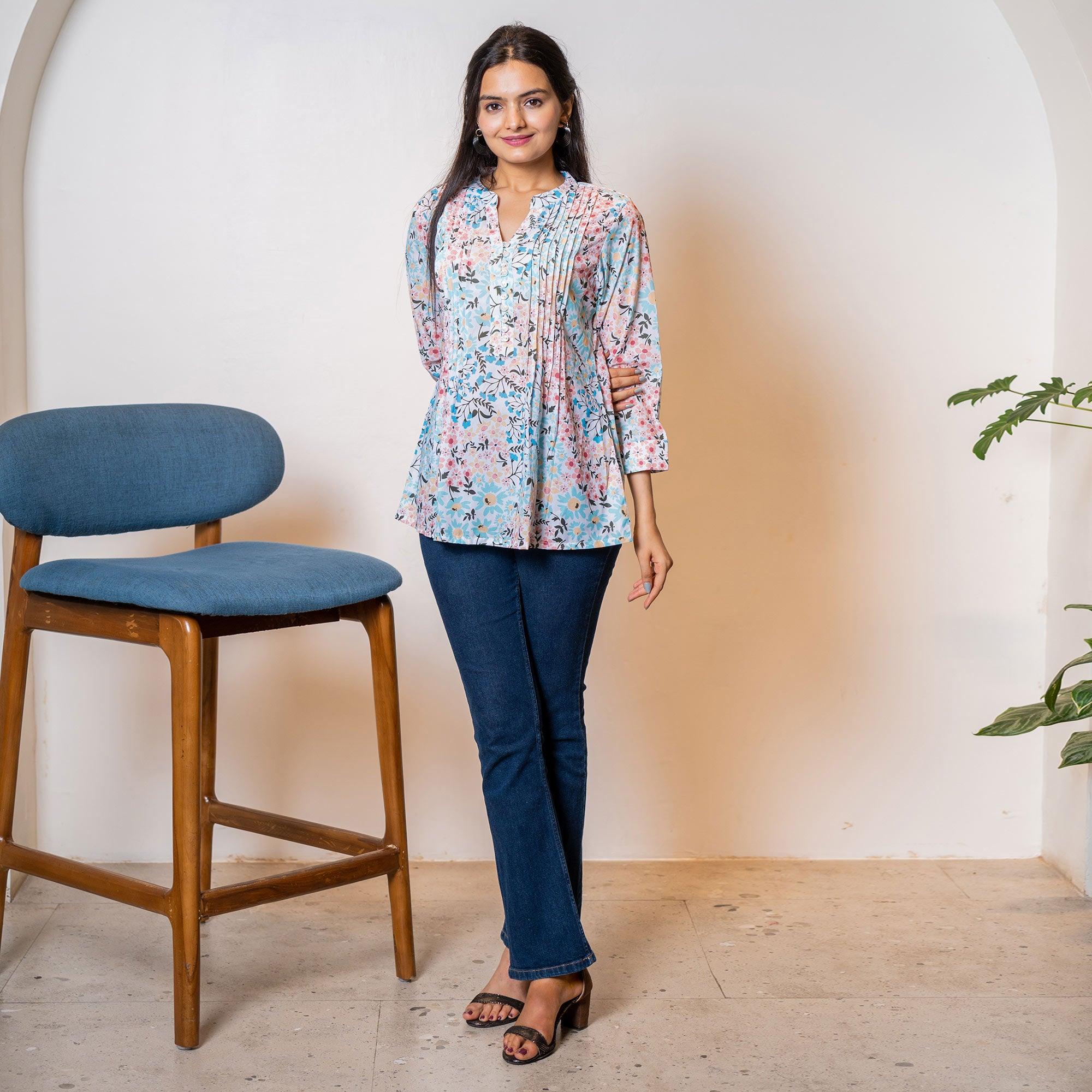 Blue Printed Georgette Top - Peachmode