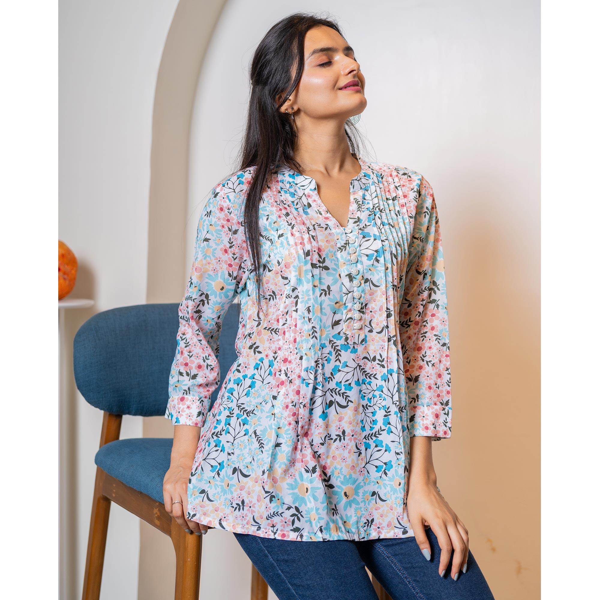 Blue Printed Georgette Top - Peachmode