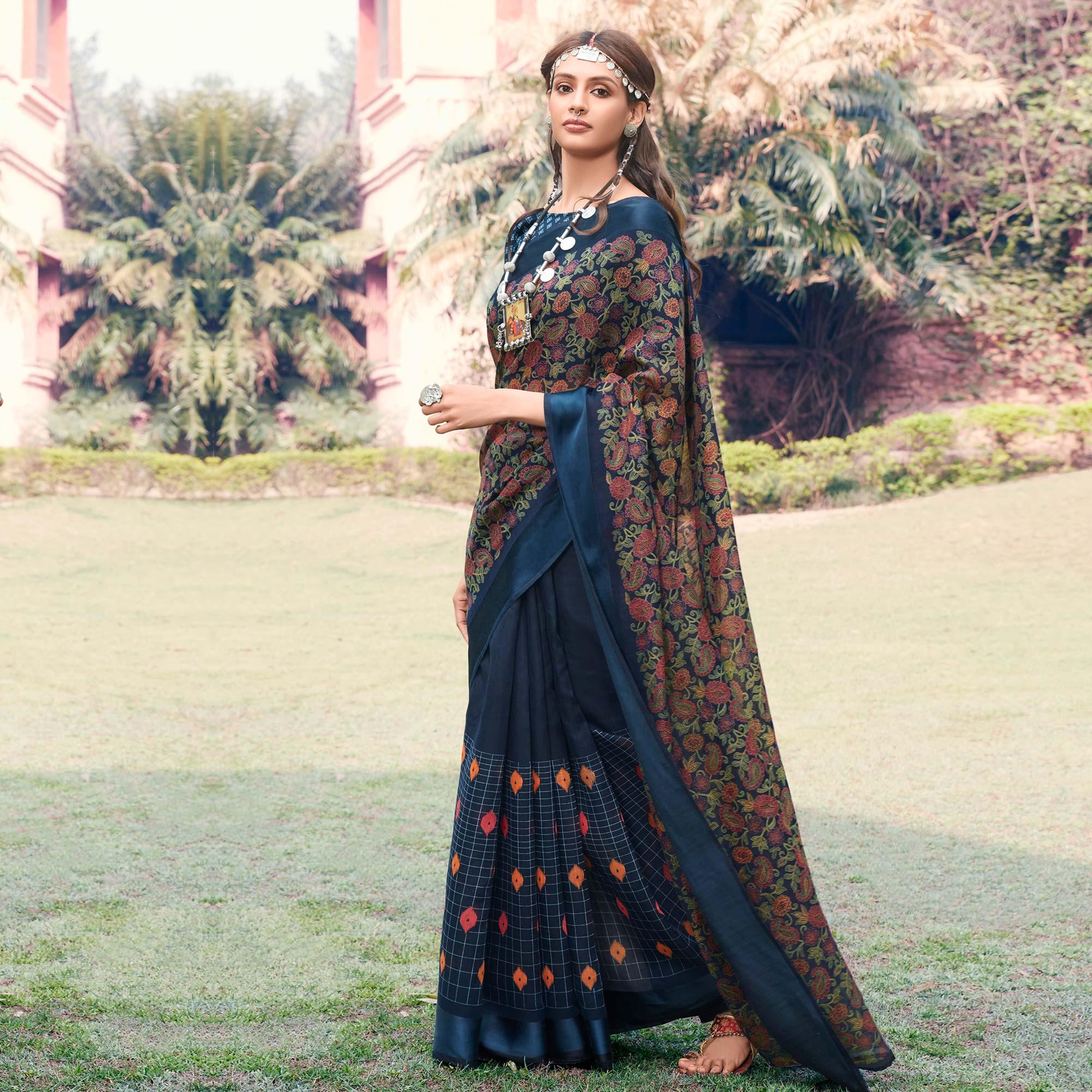 Blue Printed Linen Half & Half Saree - Peachmode