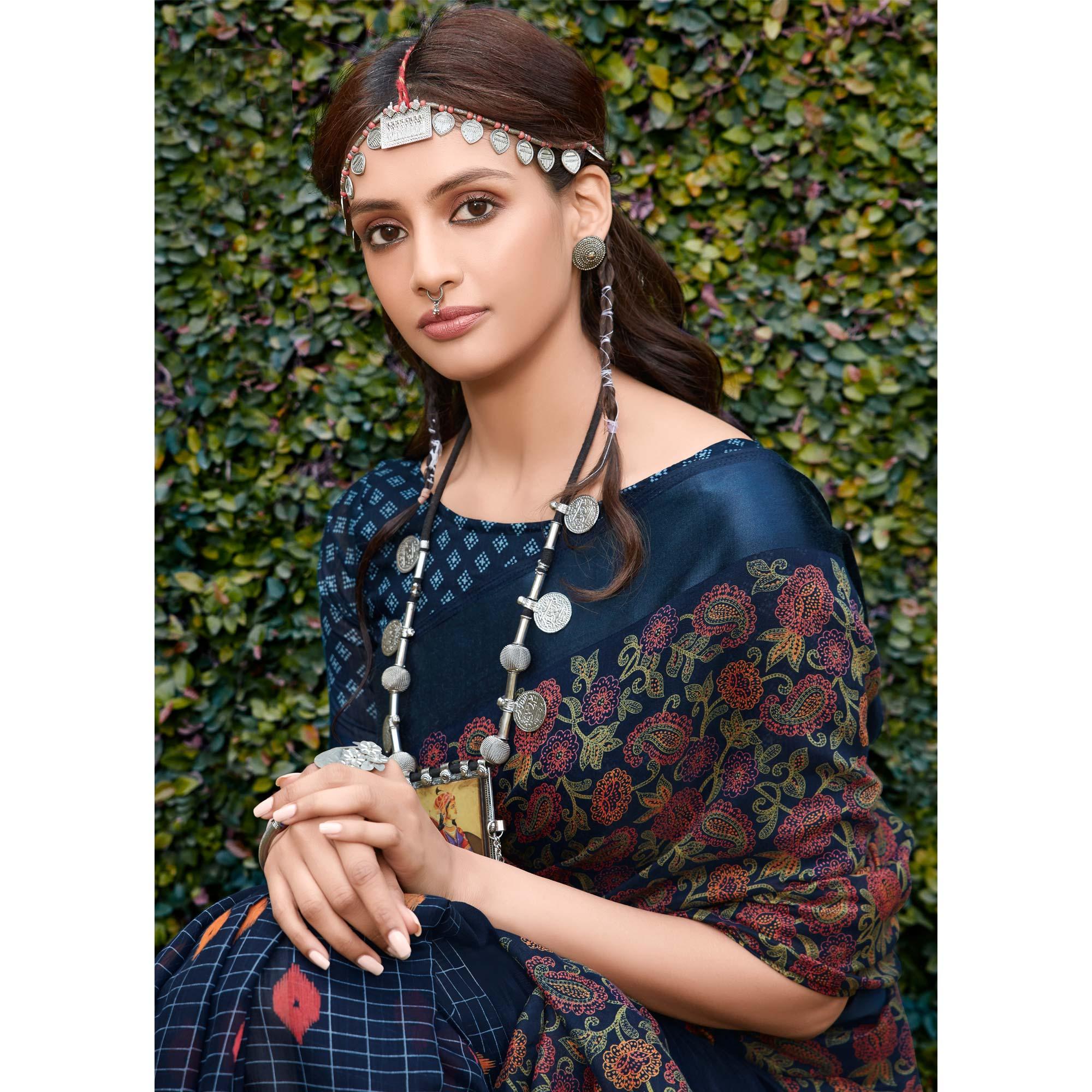 Blue Printed Linen Half & Half Saree - Peachmode