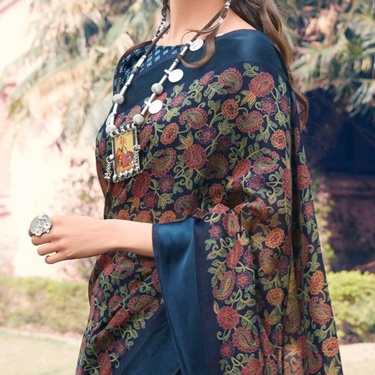 Blue Printed Linen Half & Half Saree - Peachmode