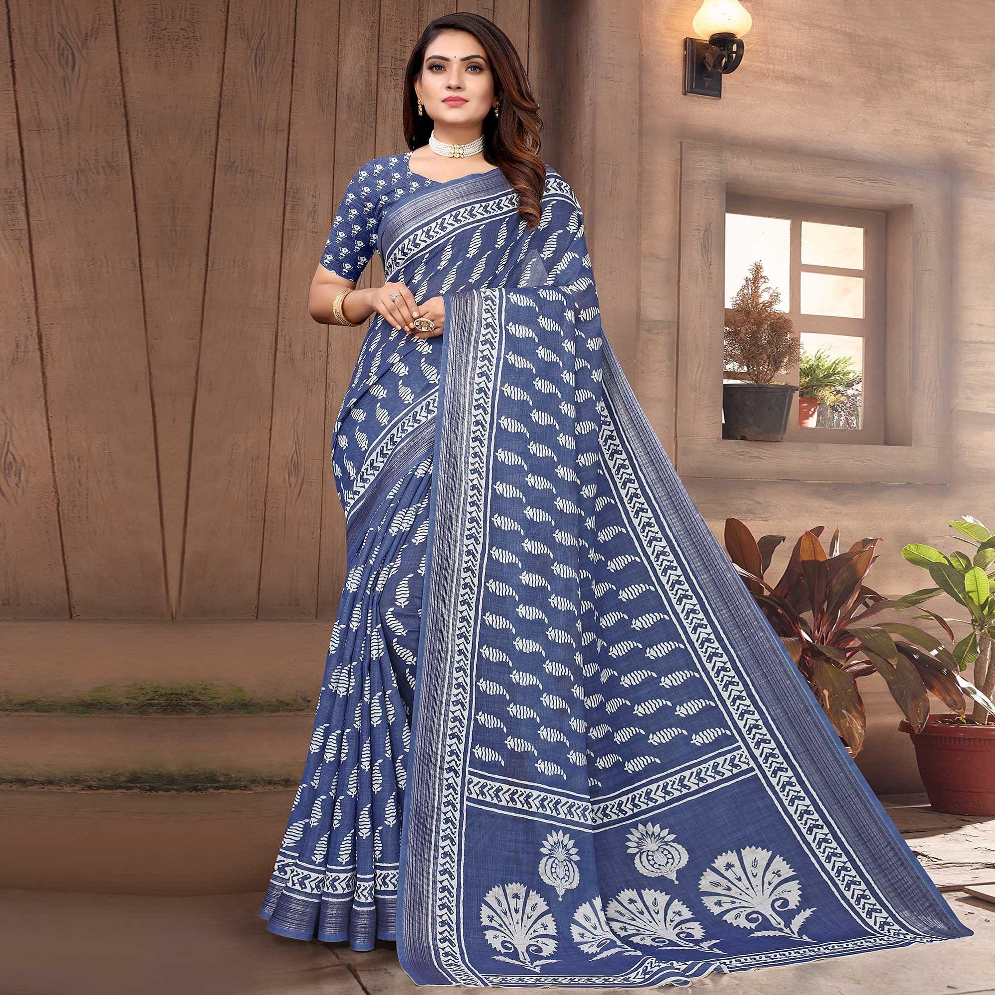 Blue Printed Linen Saree - Peachmode