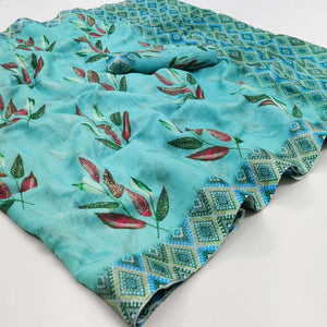 Blue Printed Linen Saree - Peachmode