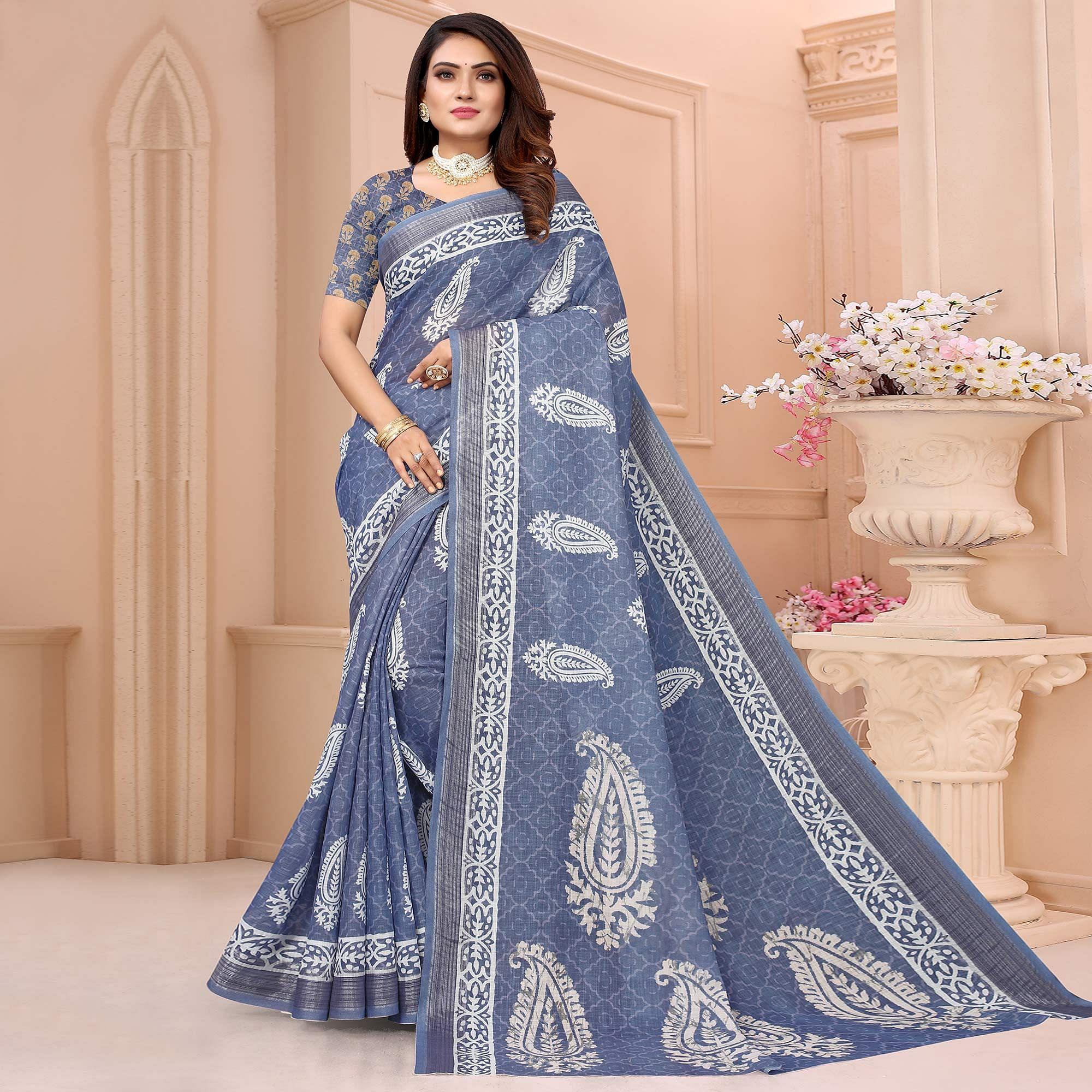 Blue Printed Linen Saree - Peachmode