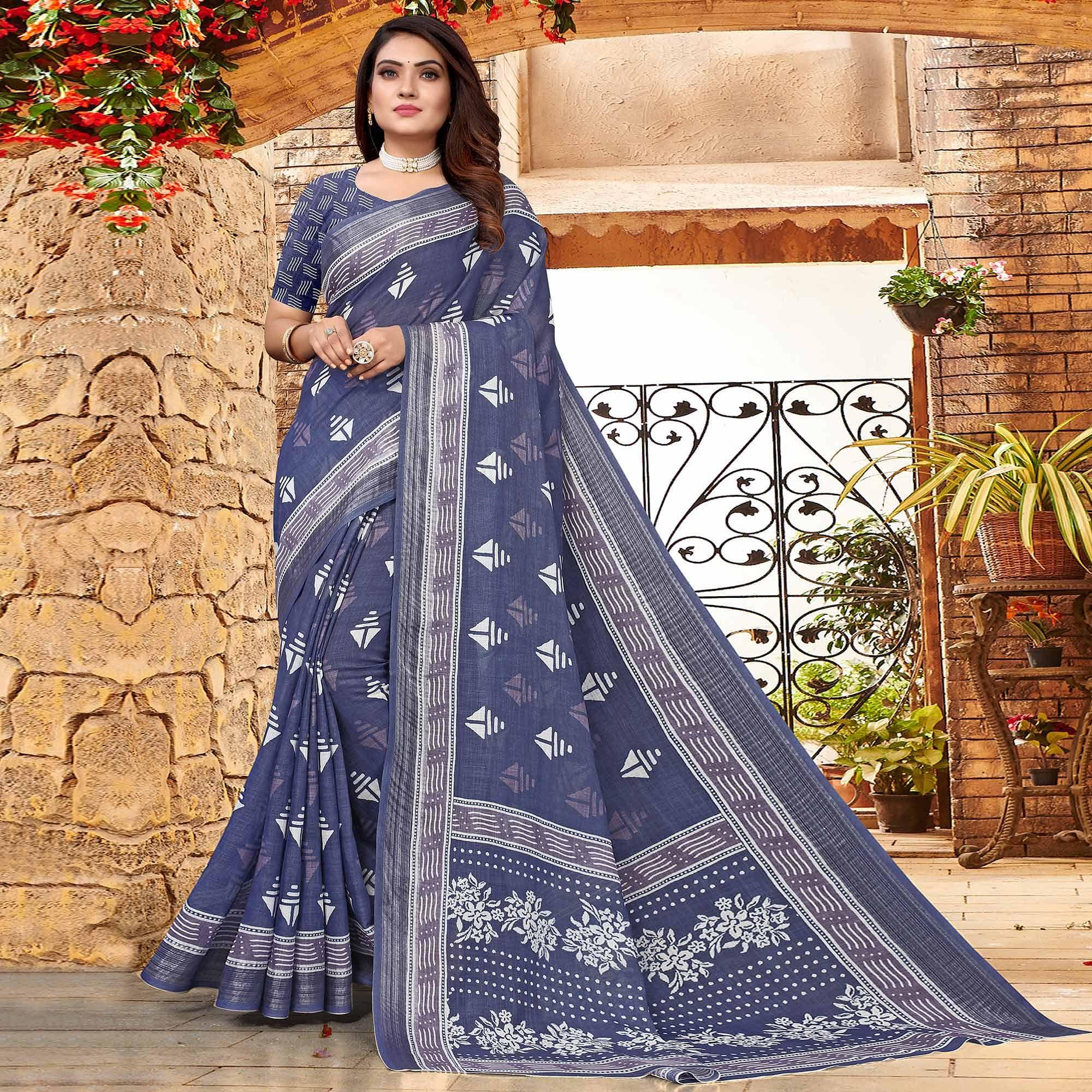 Blue Printed Linen Saree - Peachmode