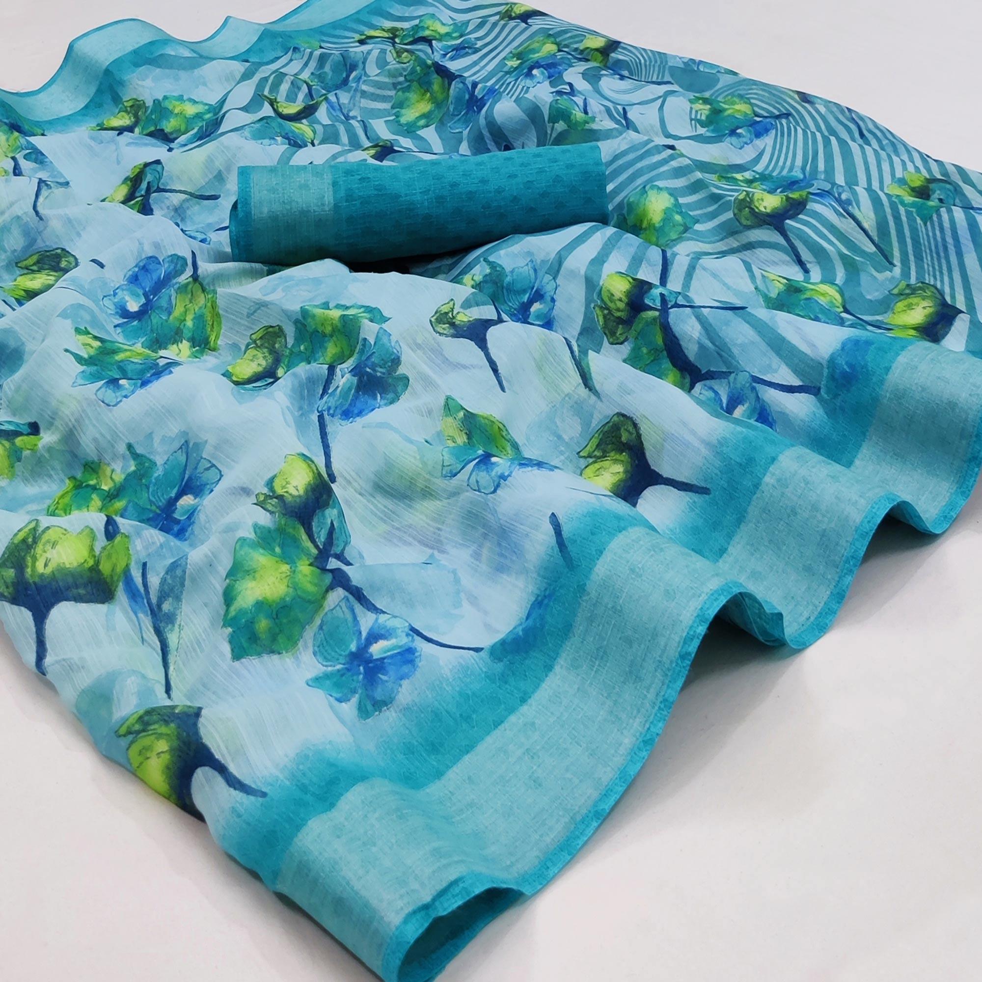 Blue Printed Linen Saree - Peachmode