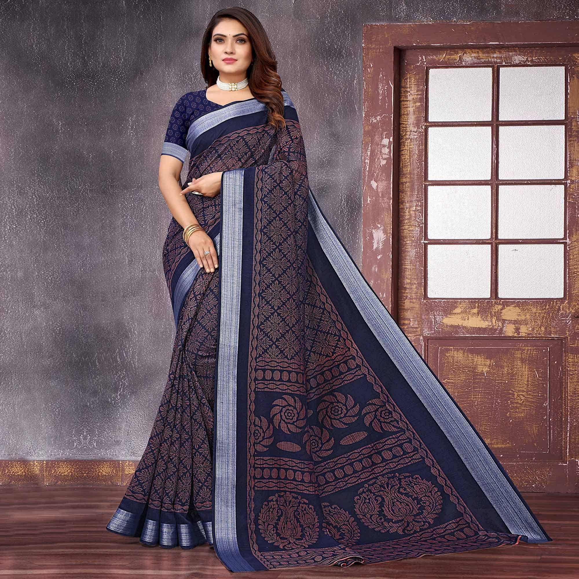 Blue Printed Linen Saree - Peachmode