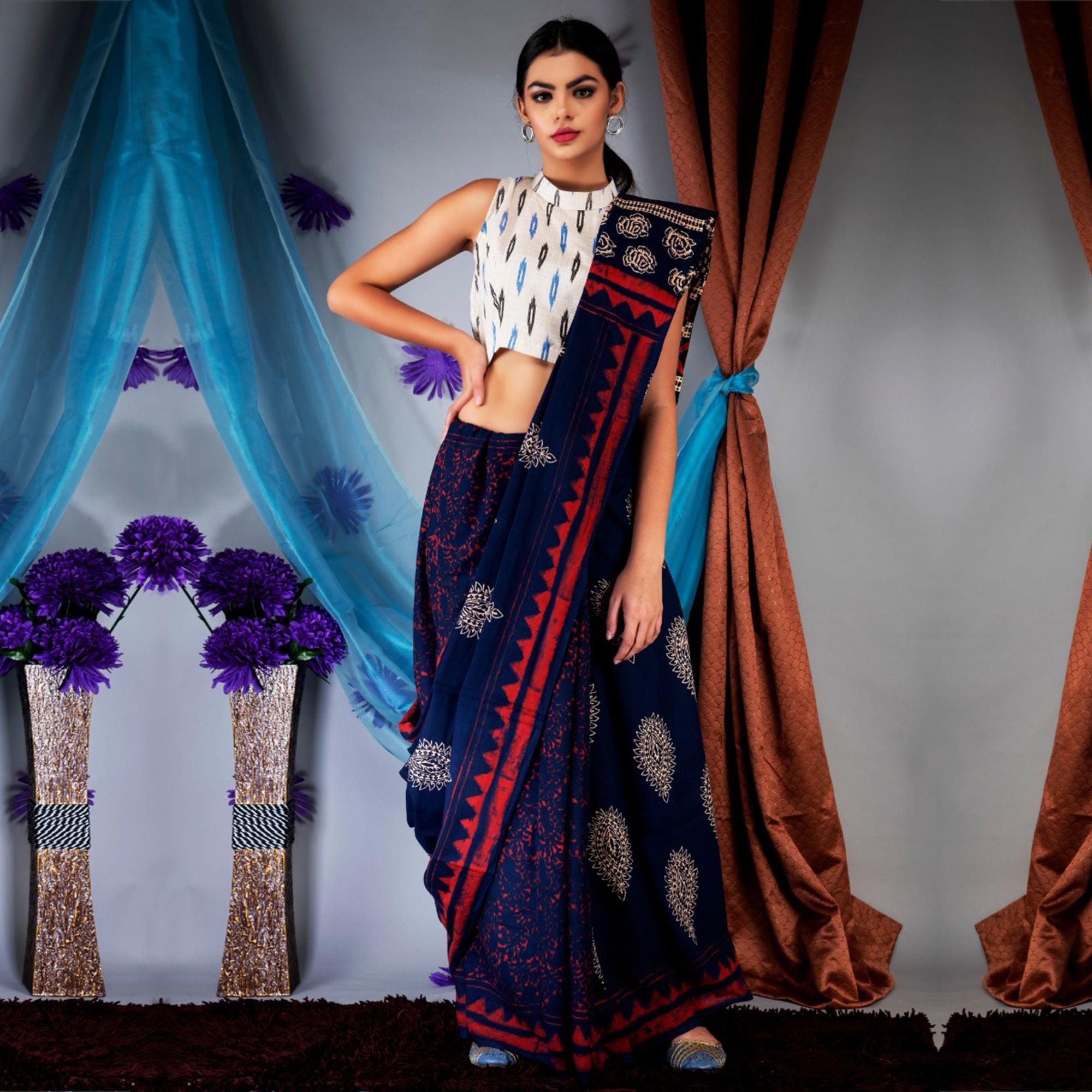 Blue Printed Linen Saree - Peachmode
