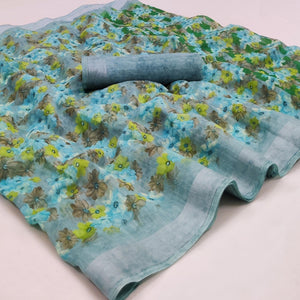 Blue Printed Linen Saree - Peachmode