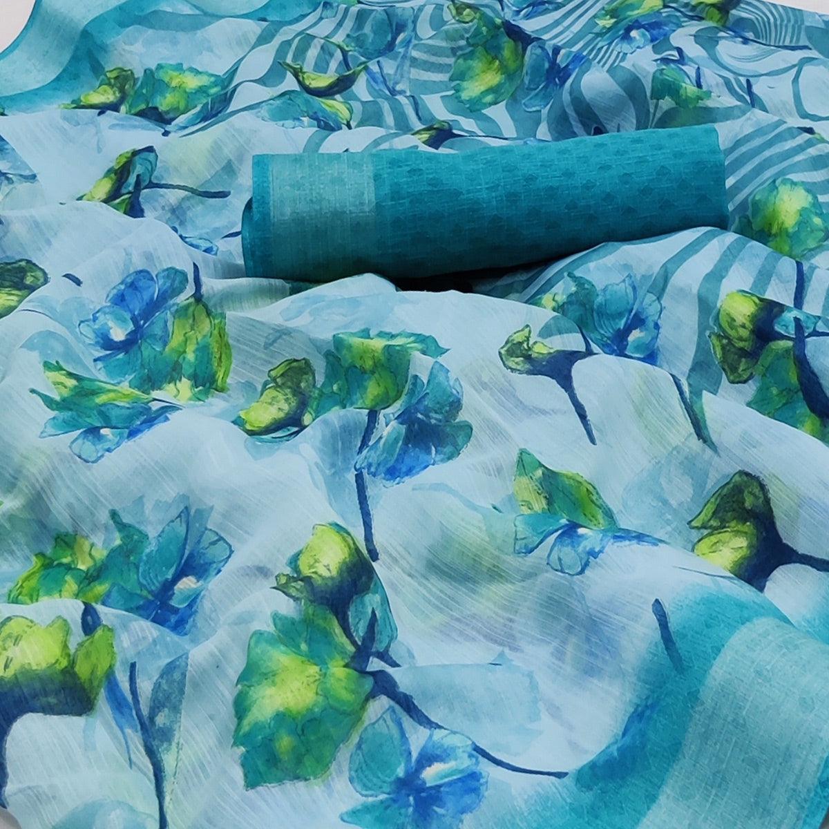 Blue Printed Linen Saree - Peachmode