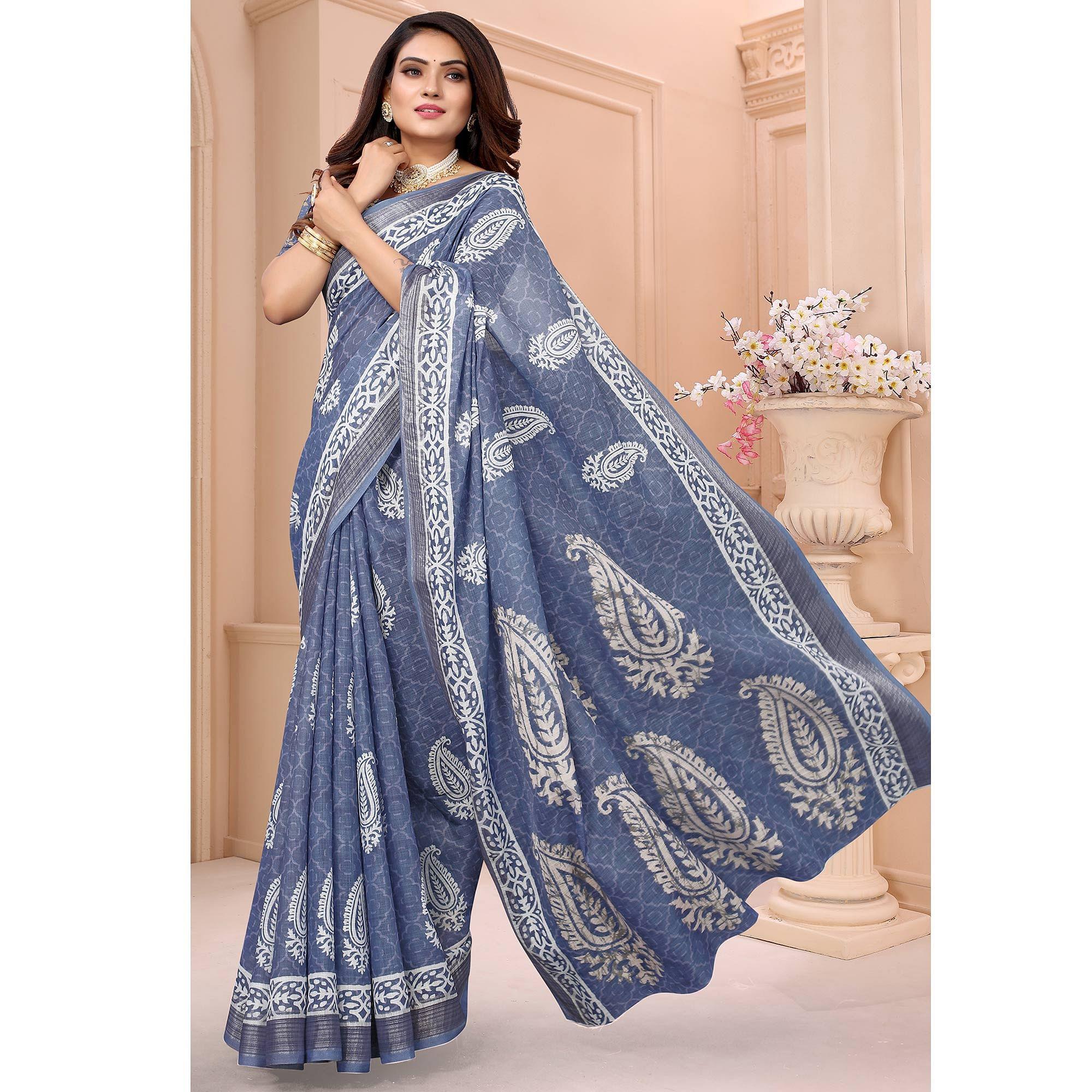 Blue Printed Linen Saree - Peachmode
