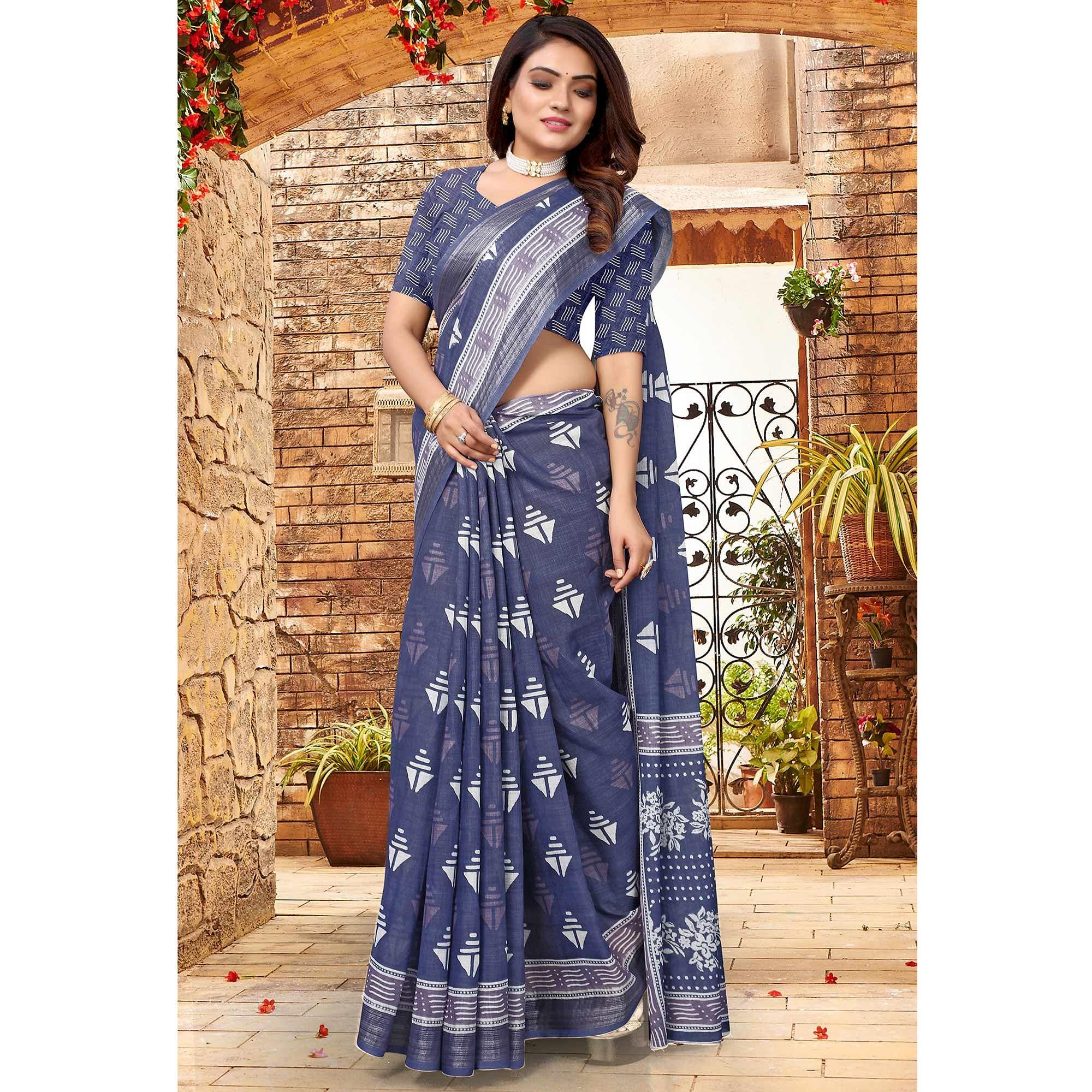 Blue Printed Linen Saree - Peachmode