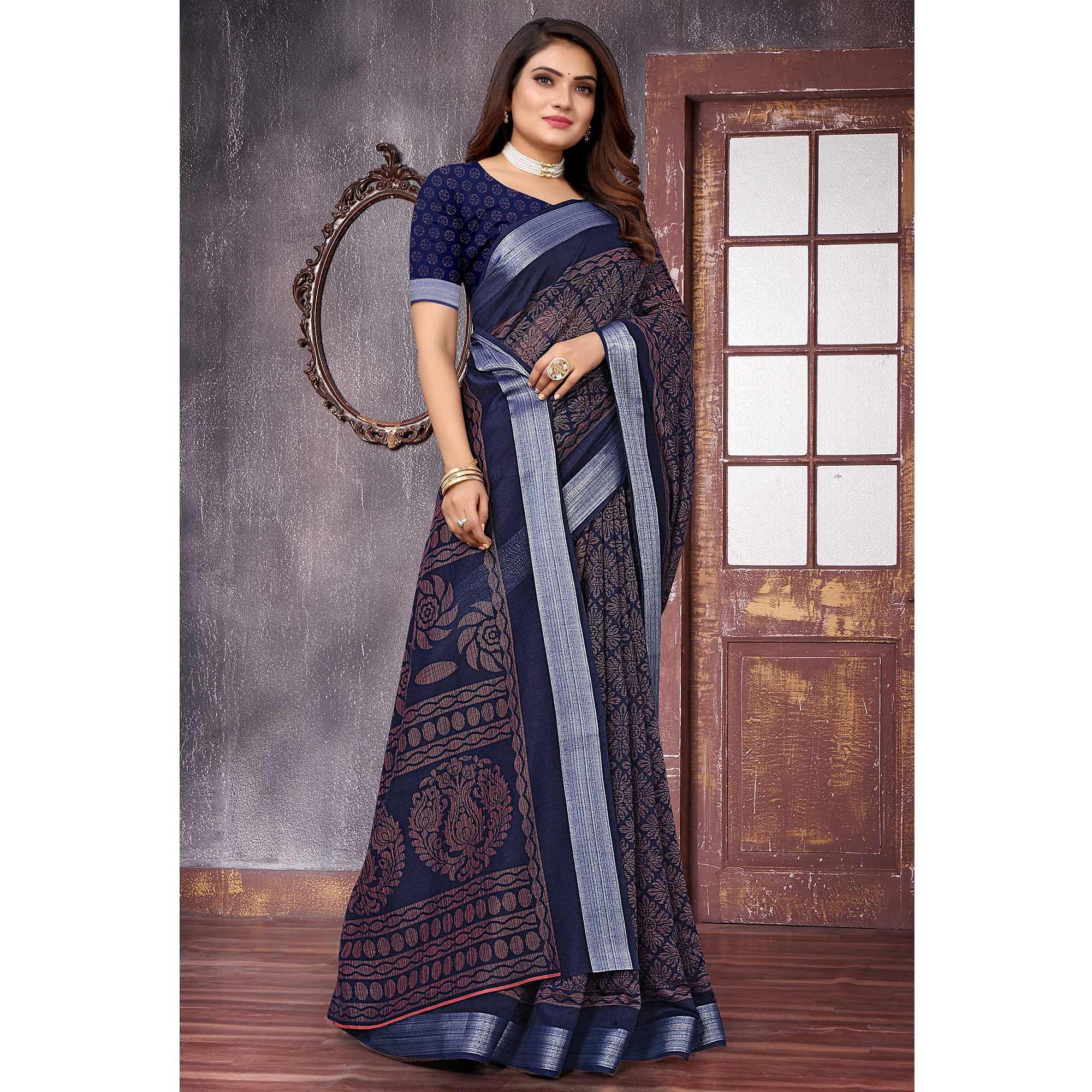 Blue Printed Linen Saree - Peachmode