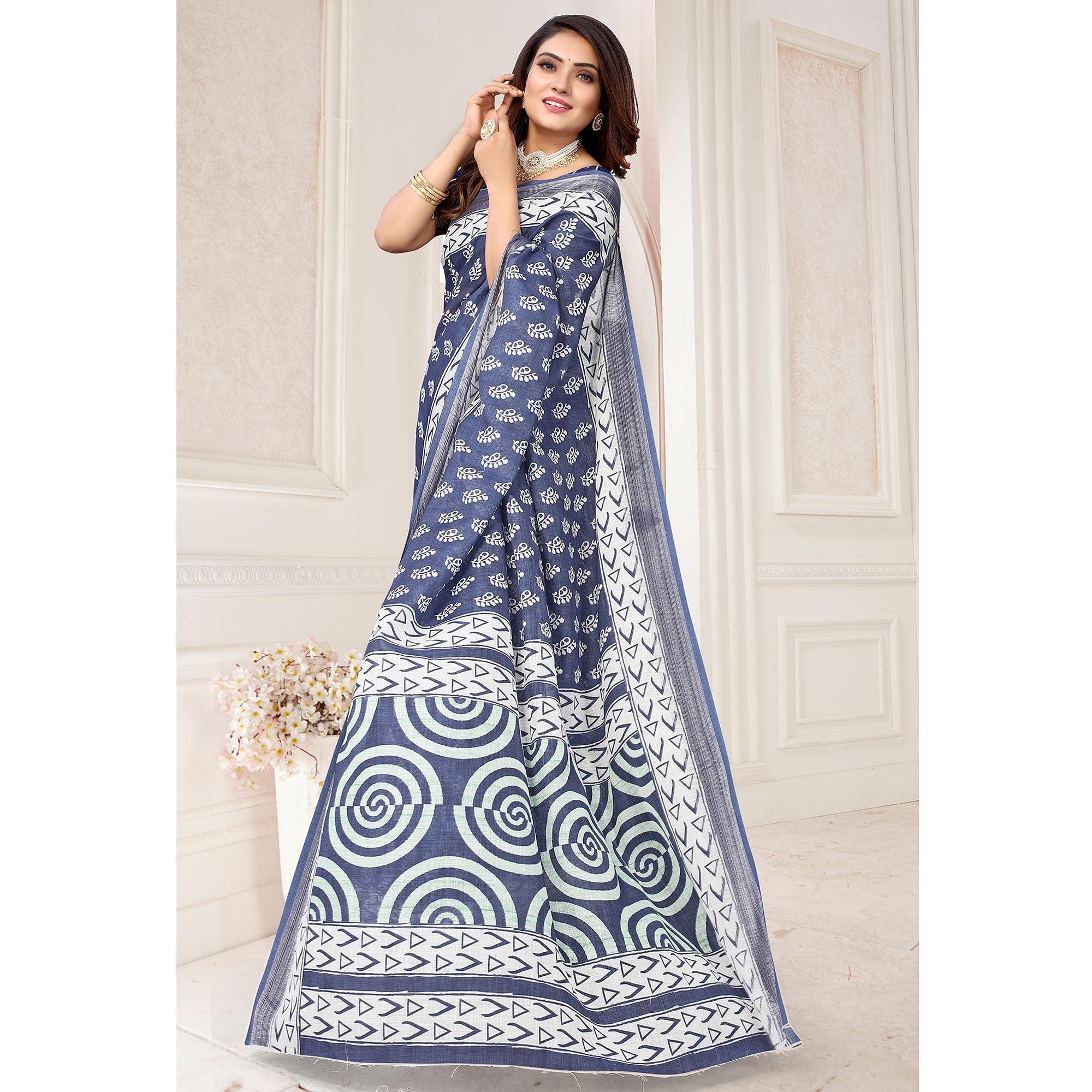 Blue Printed Linen Saree - Peachmode