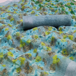 Blue Printed Linen Saree - Peachmode