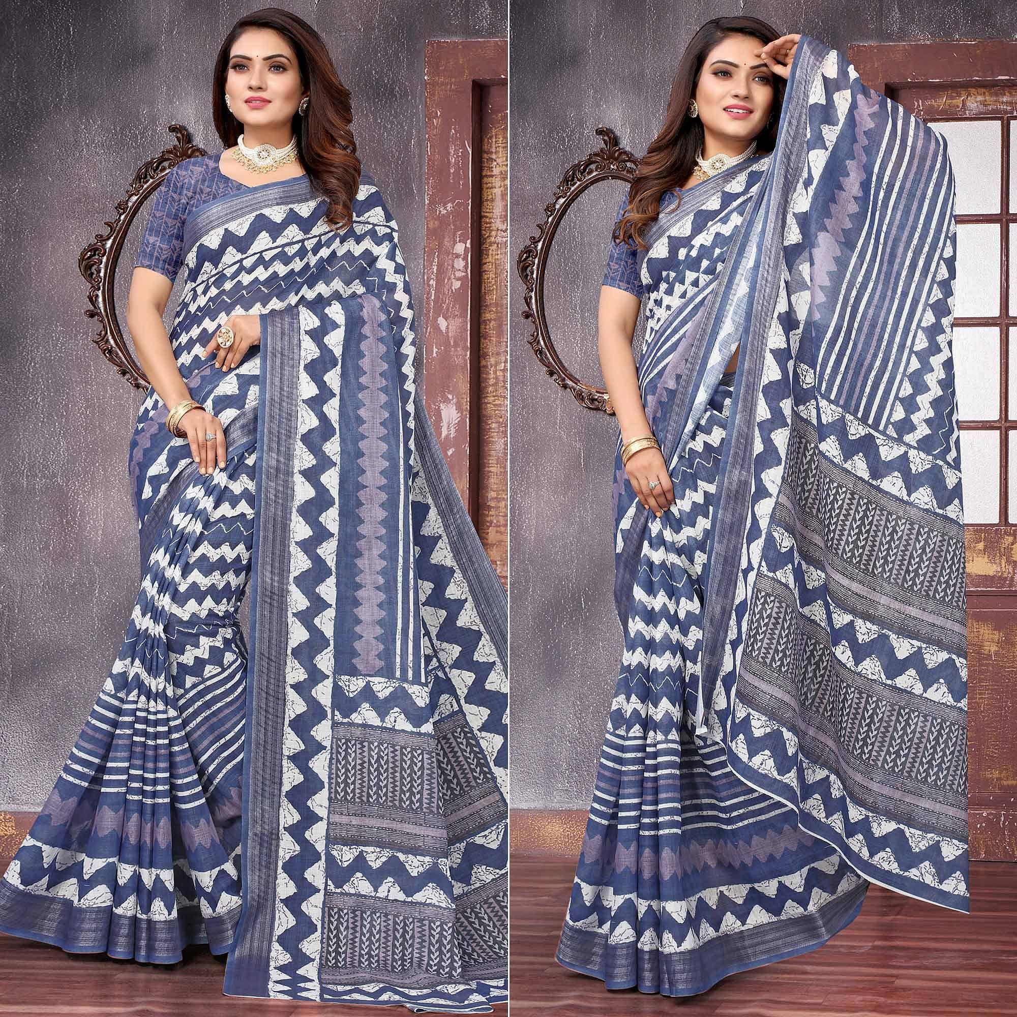 Blue Printed Linen Saree - Peachmode