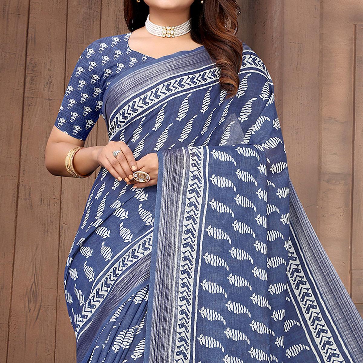 Blue Printed Linen Saree - Peachmode