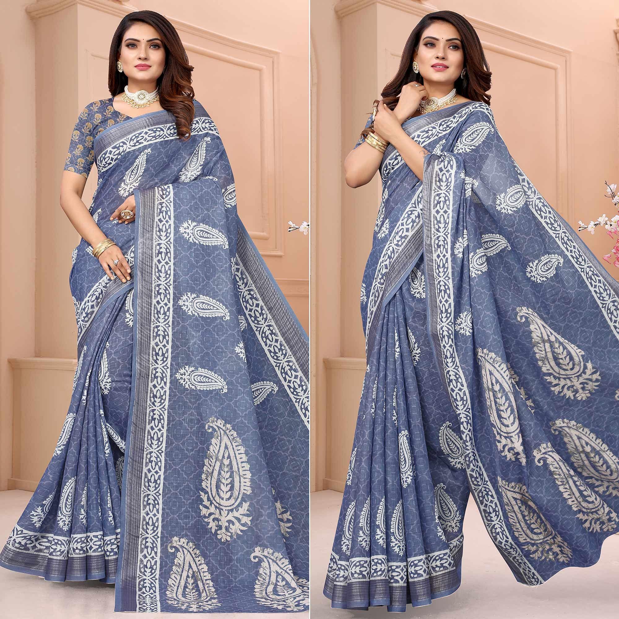 Blue Printed Linen Saree - Peachmode