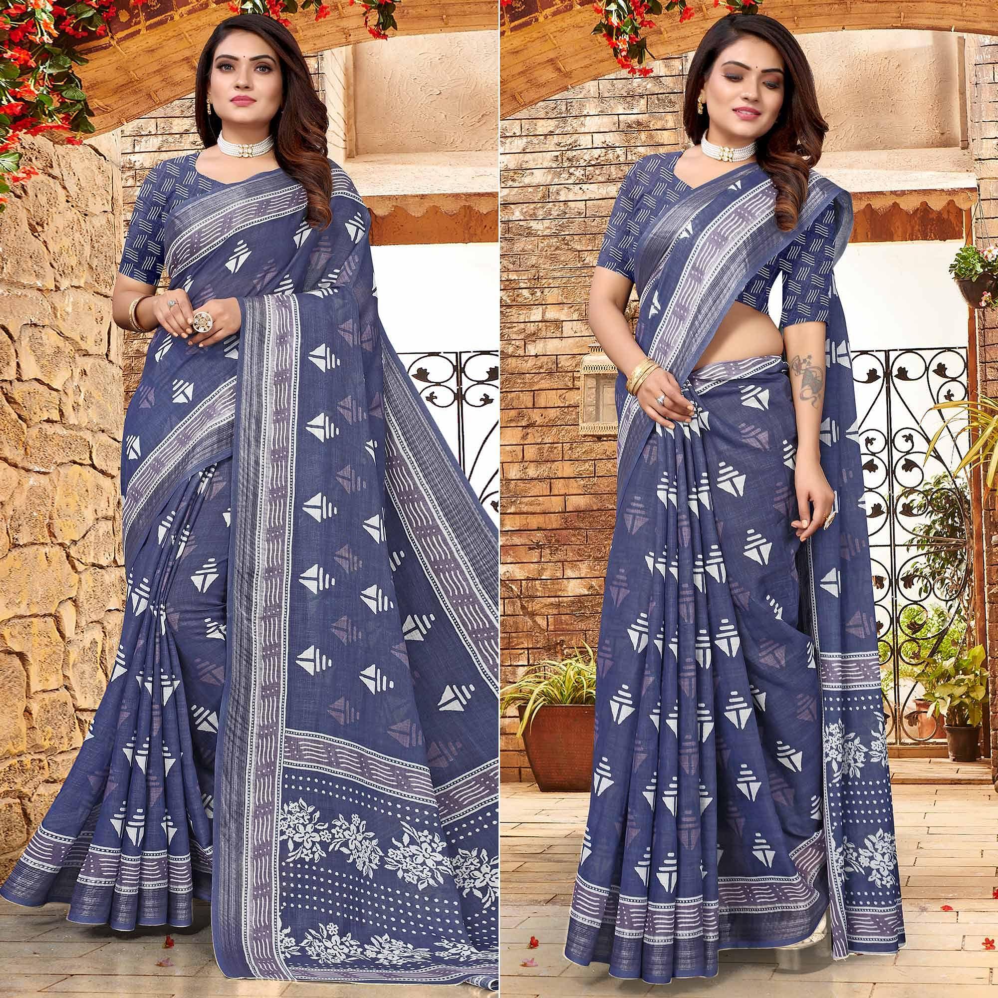 Blue Printed Linen Saree - Peachmode