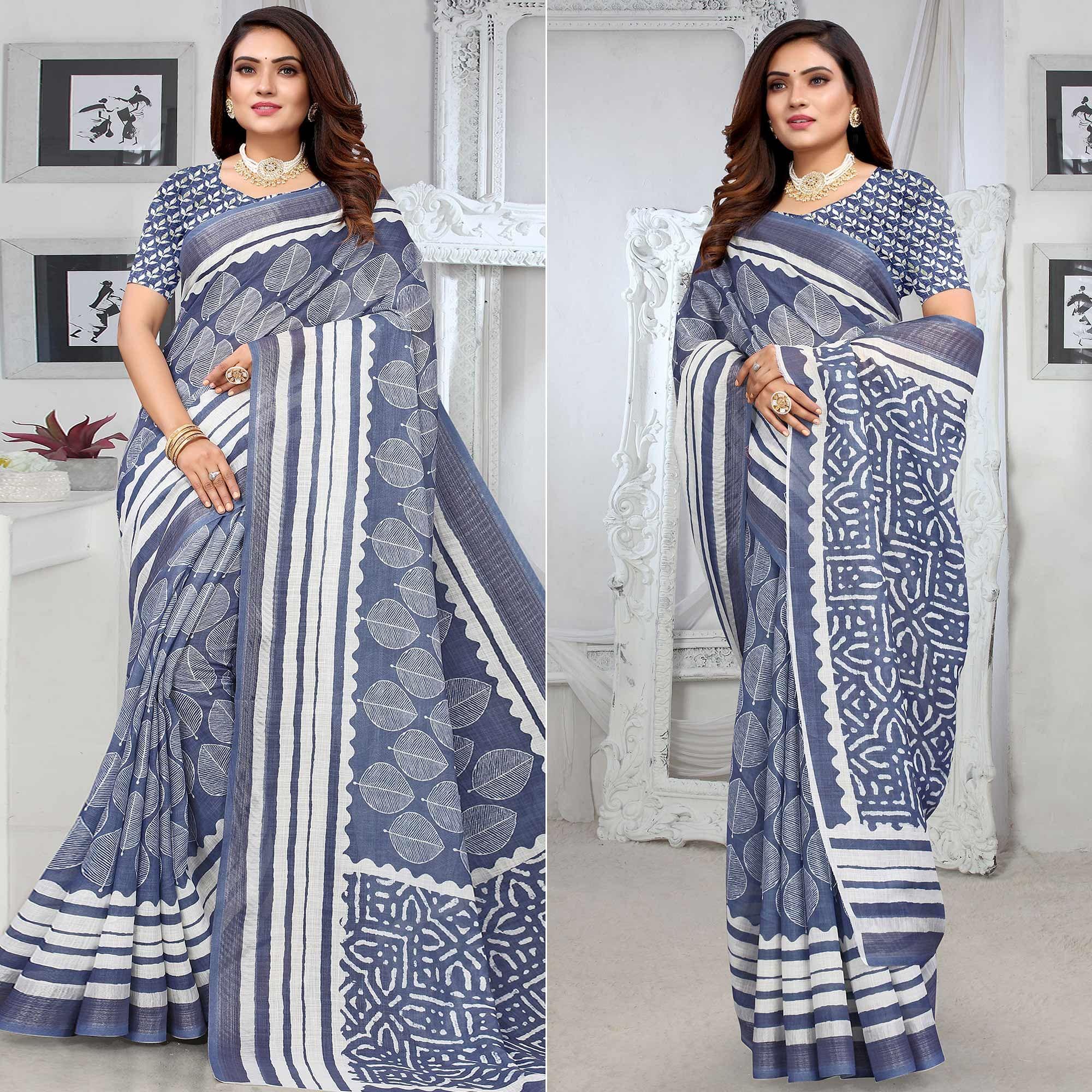 Blue Printed Linen Saree - Peachmode