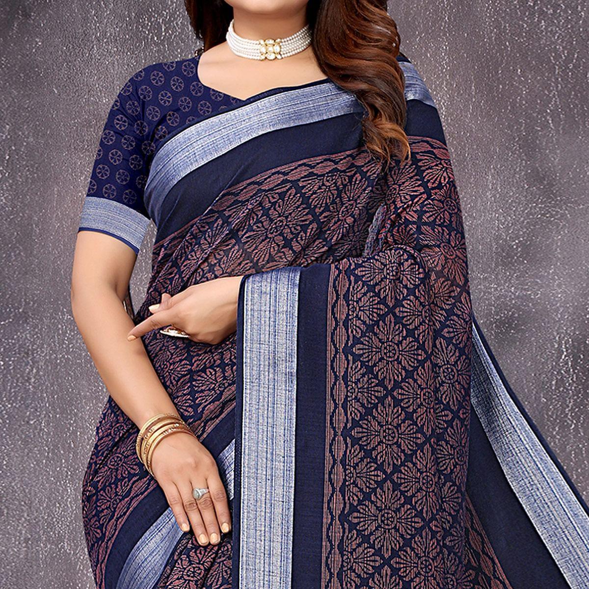 Blue Printed Linen Saree - Peachmode