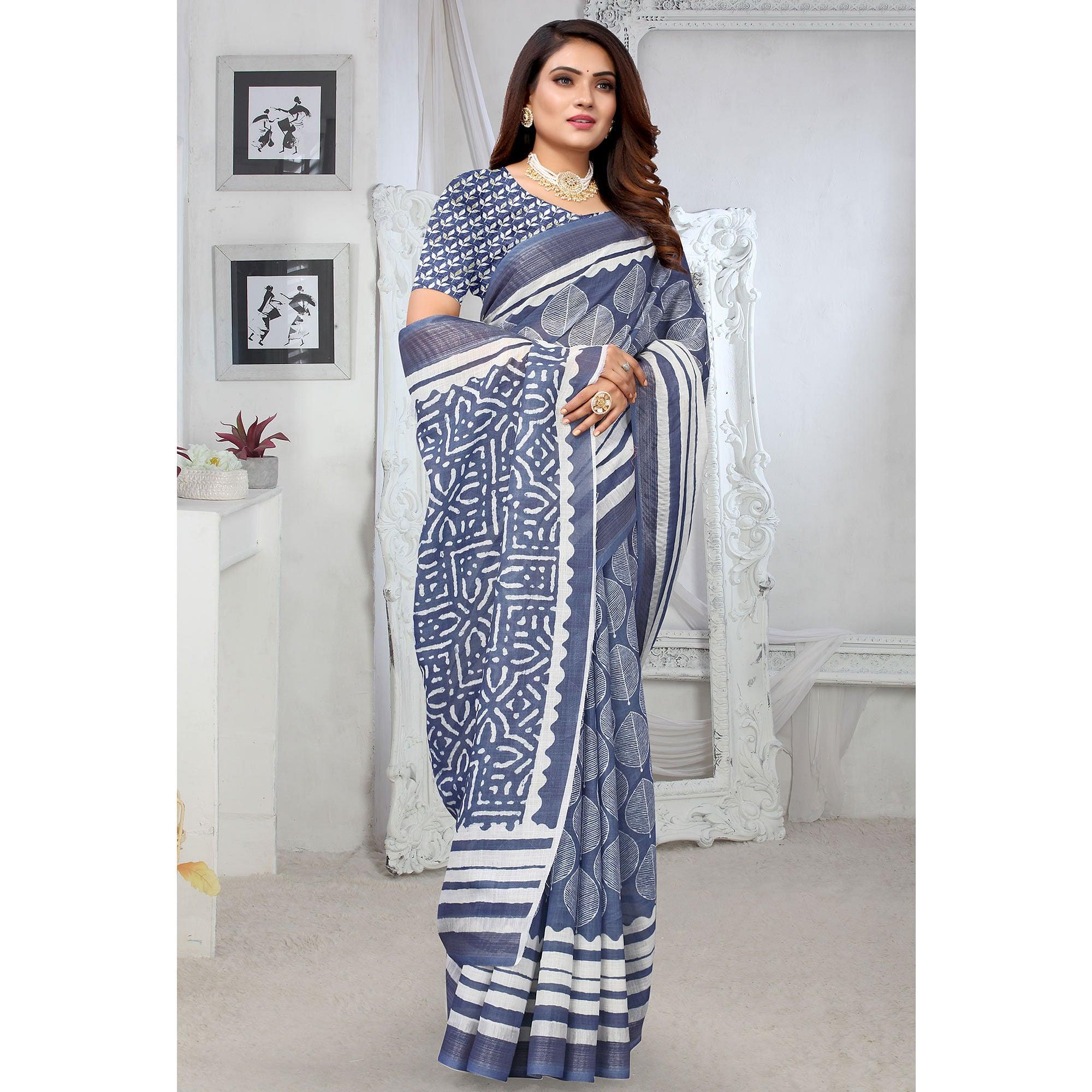 Blue Printed Linen Saree - Peachmode