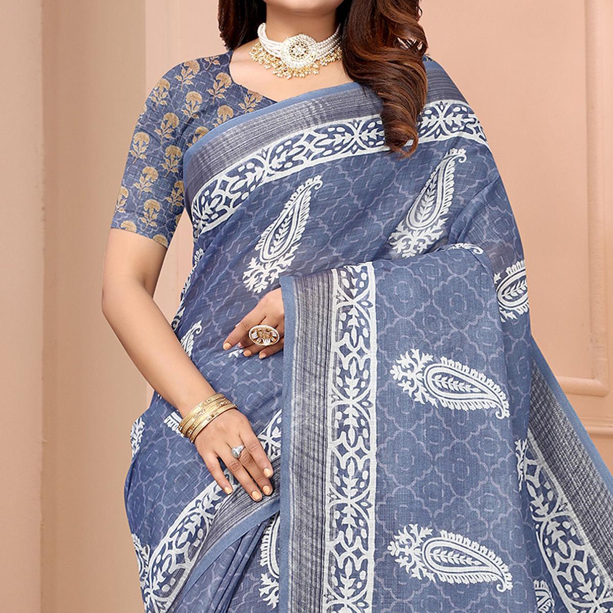 Blue Printed Linen Saree - Peachmode