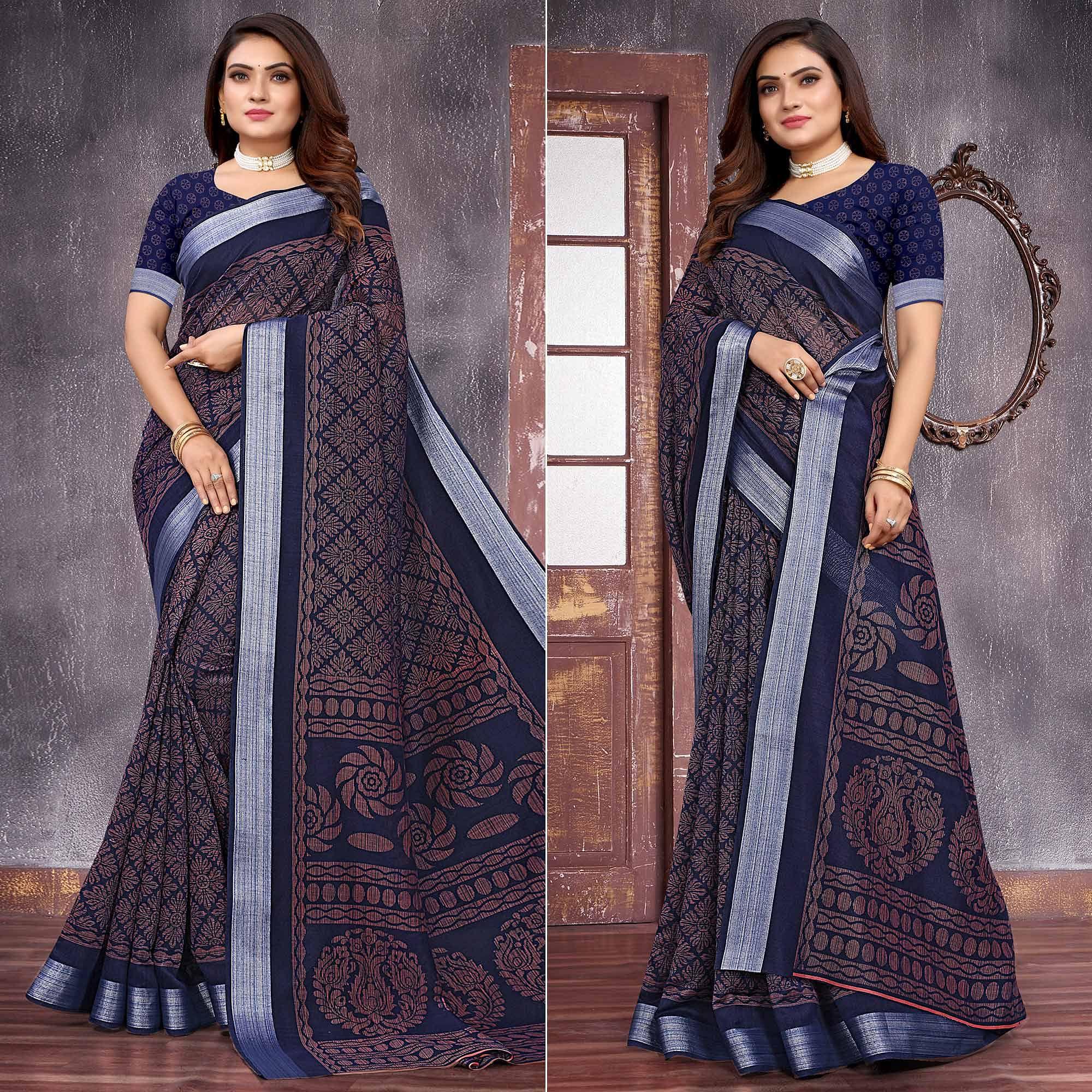 Blue Printed Linen Saree - Peachmode
