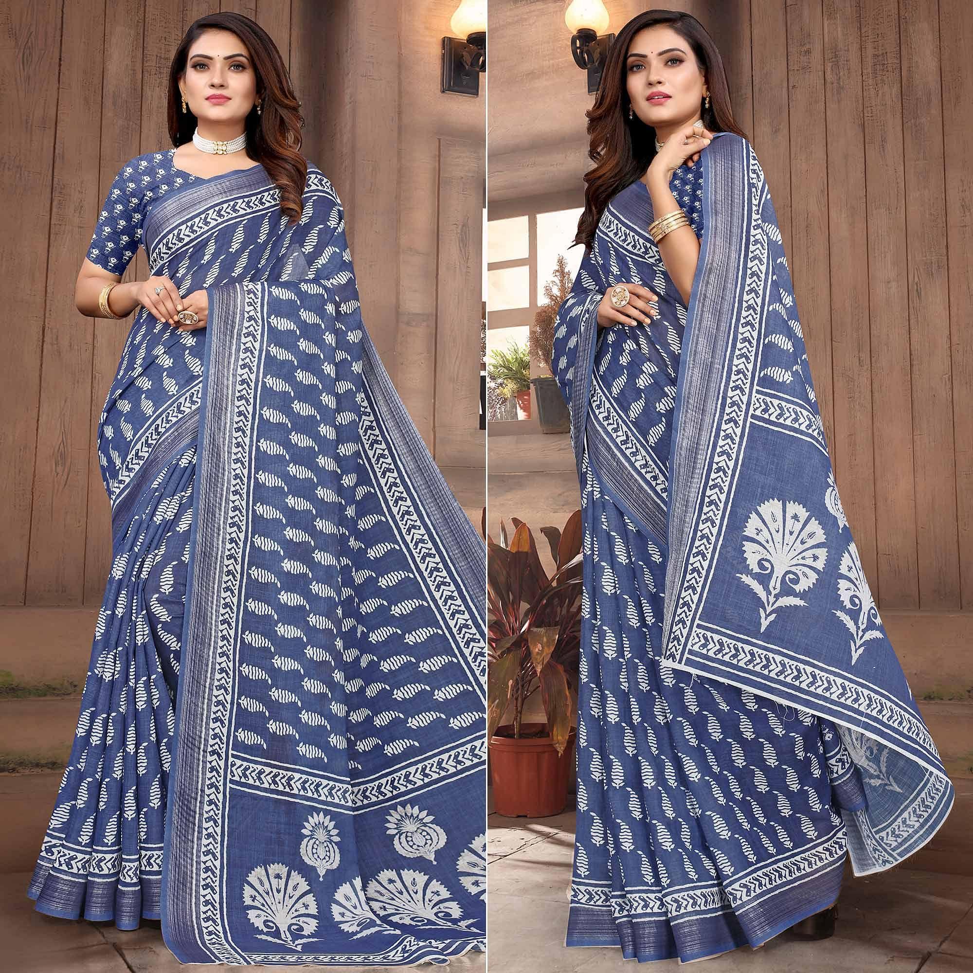 Blue Printed Linen Saree - Peachmode