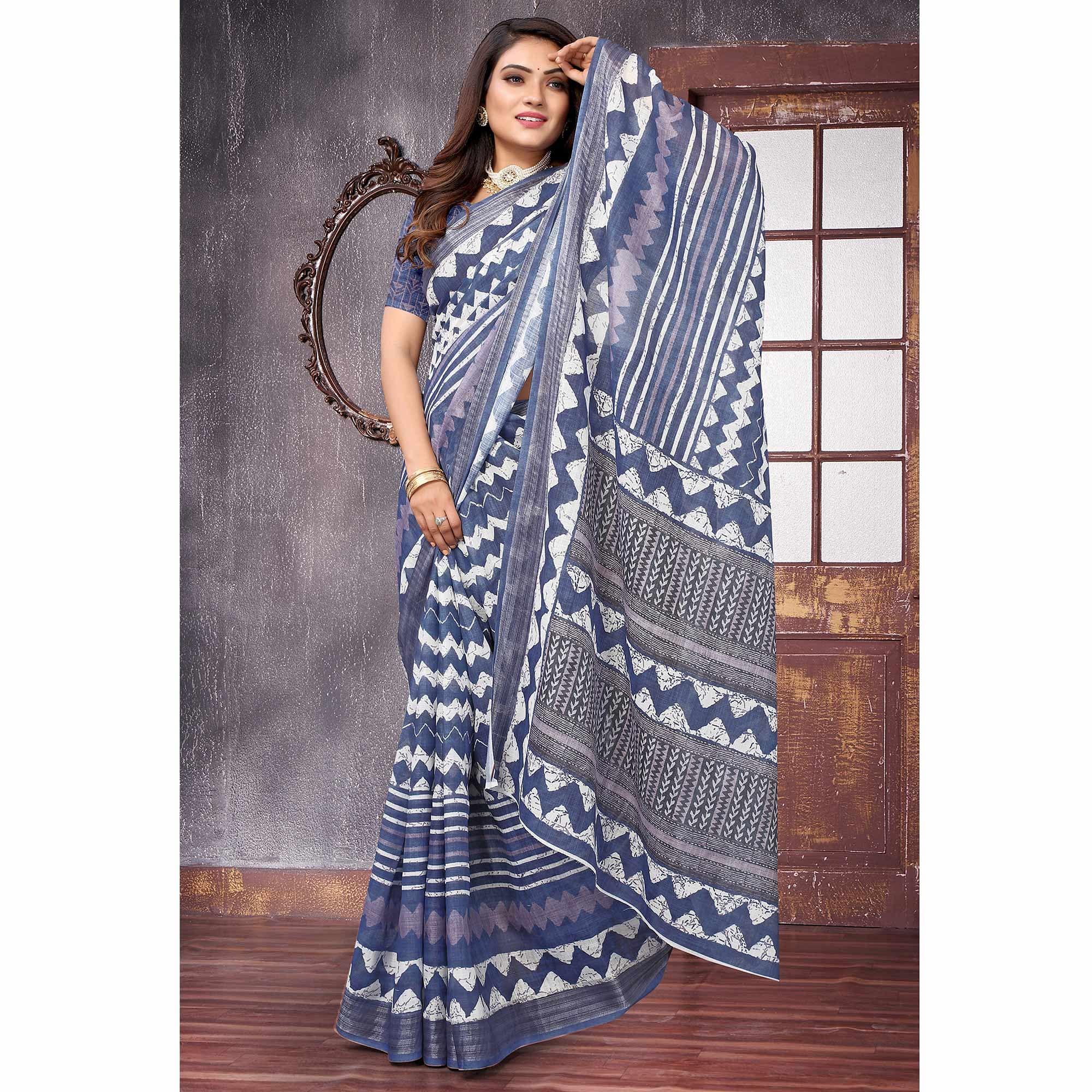 Blue Printed Linen Saree - Peachmode