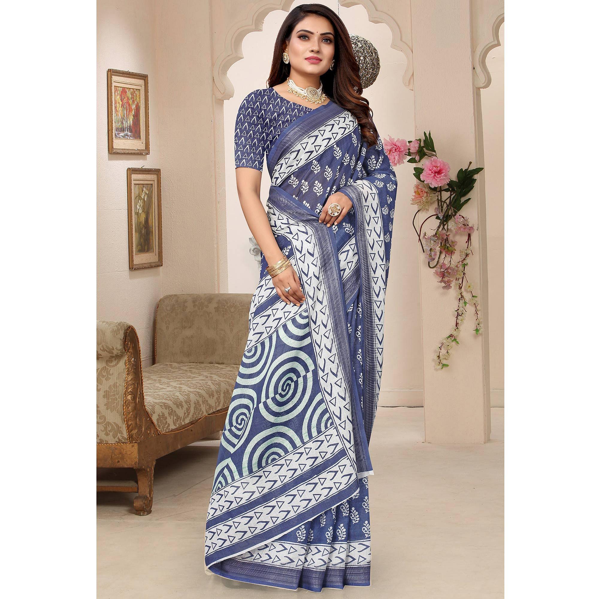 Blue Printed Linen Saree - Peachmode