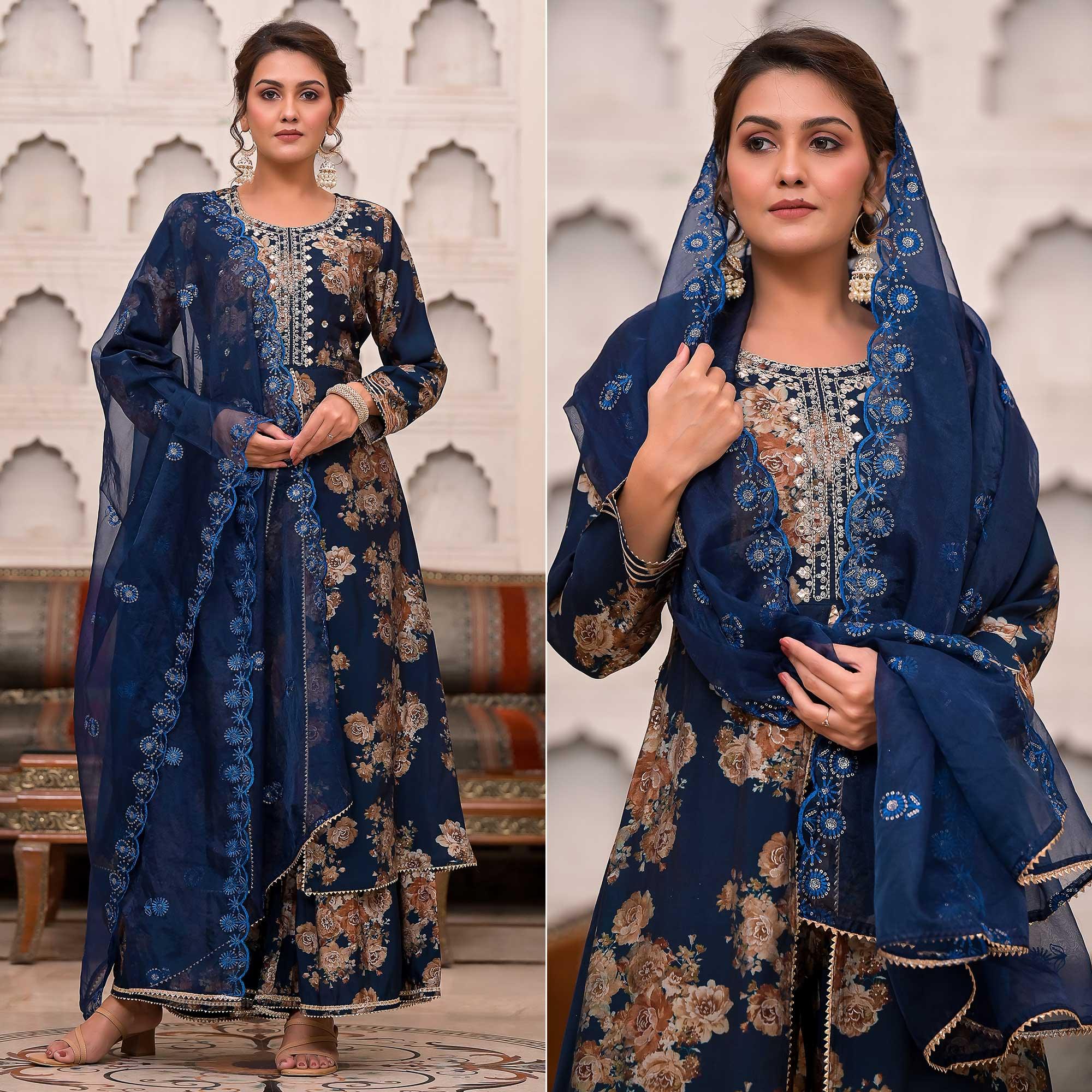 Blue Printed Muslin Sharara Suit - Peachmode