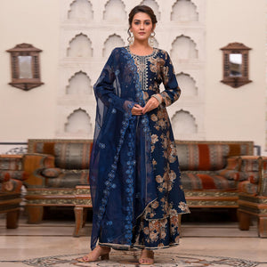 Blue Printed Muslin Sharara Suit - Peachmode