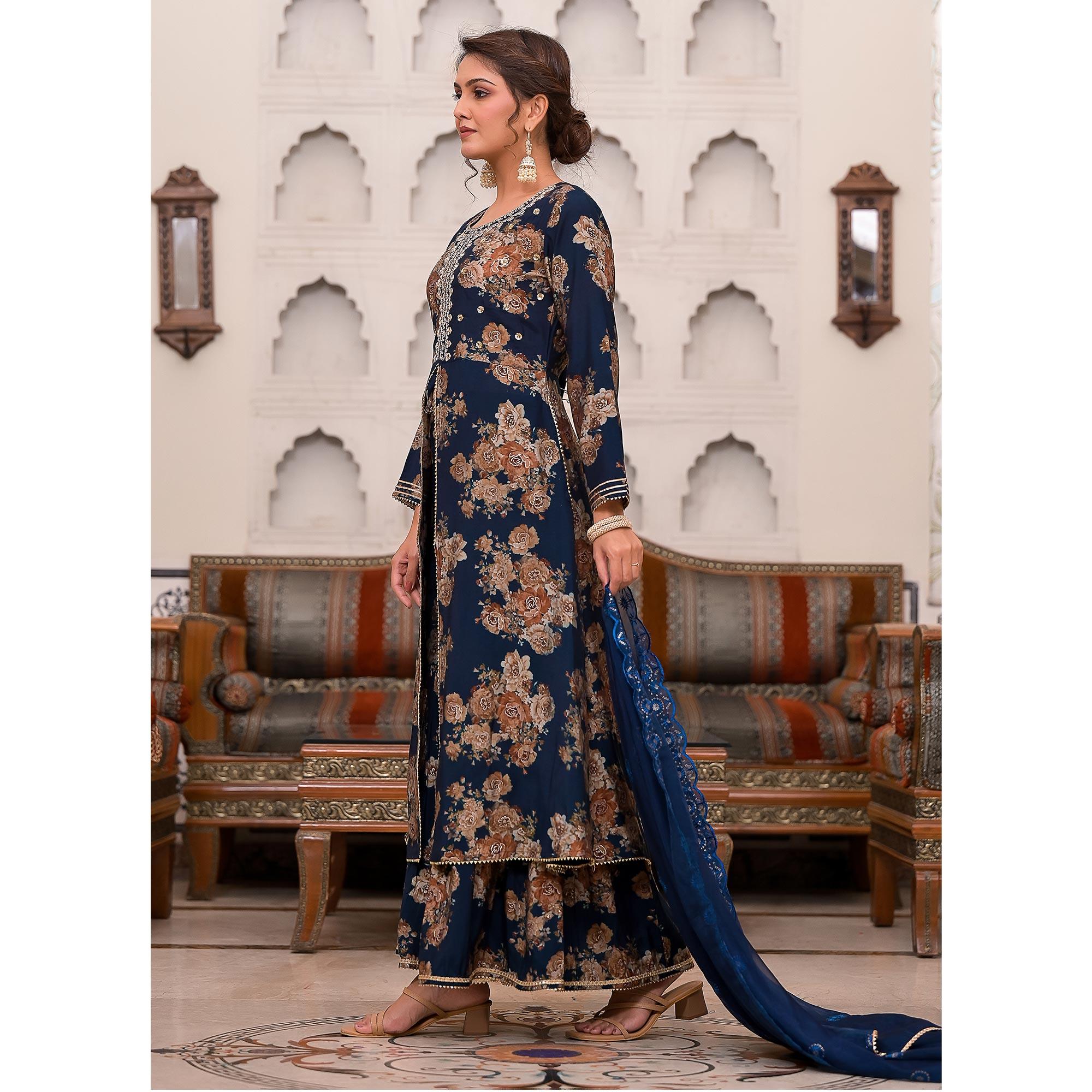 Blue Printed Muslin Sharara Suit - Peachmode