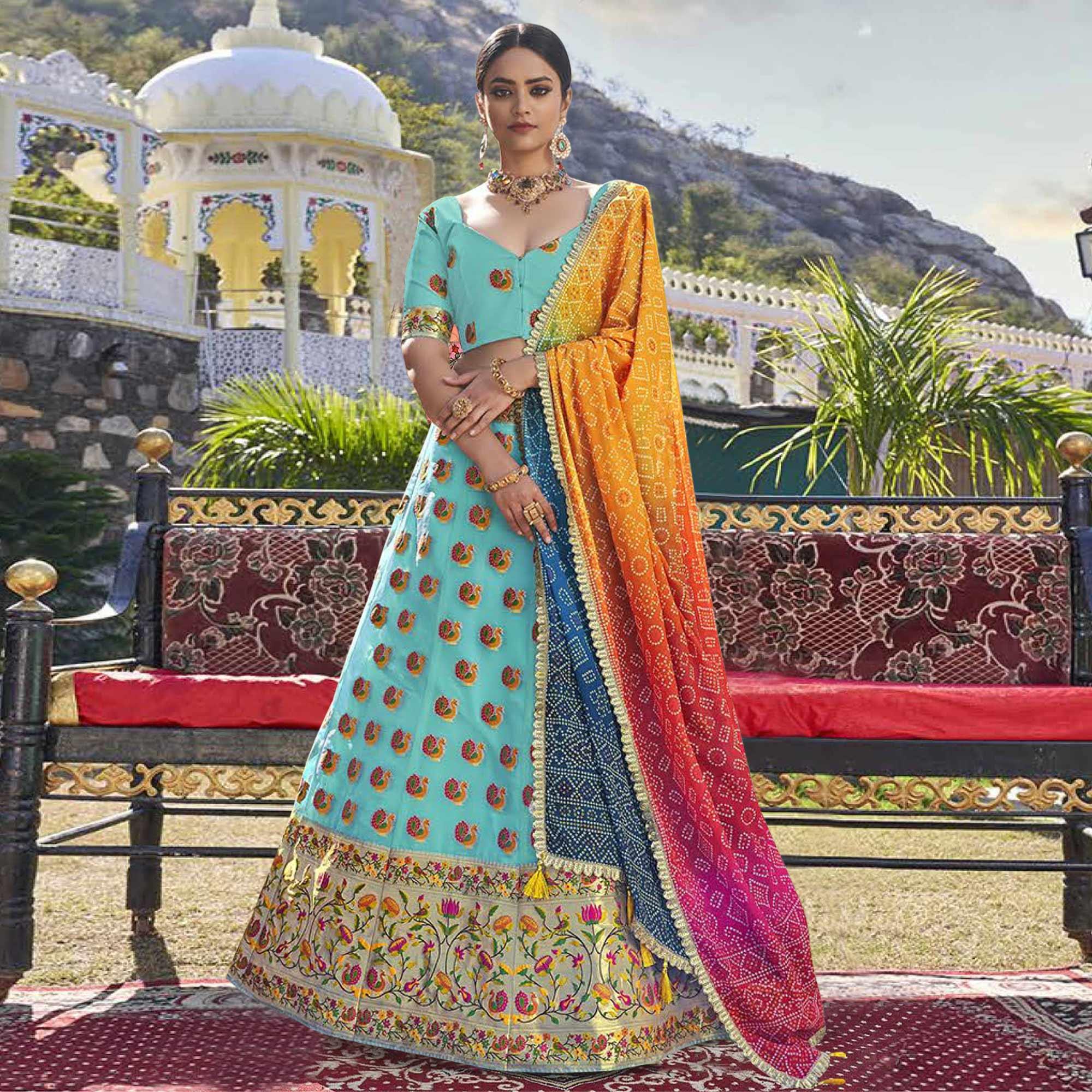 Blue Printed Organza Lehenga Choli - Peachmode