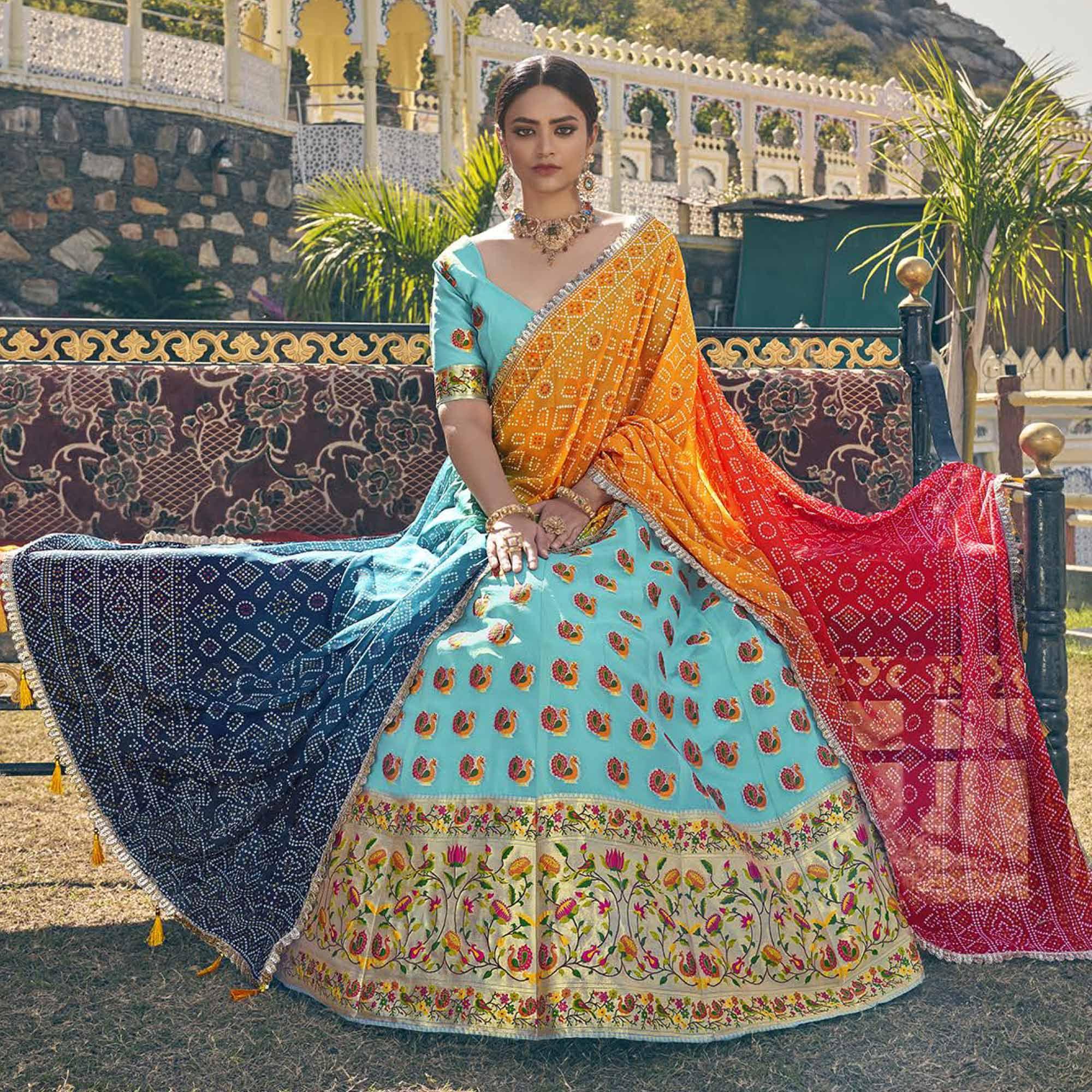 Blue Printed Organza Lehenga Choli - Peachmode