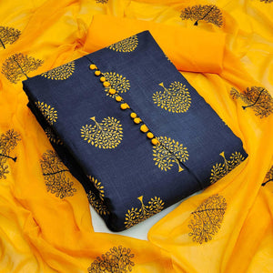 Blue Printed Poly Cotton Dress Material - Peachmode