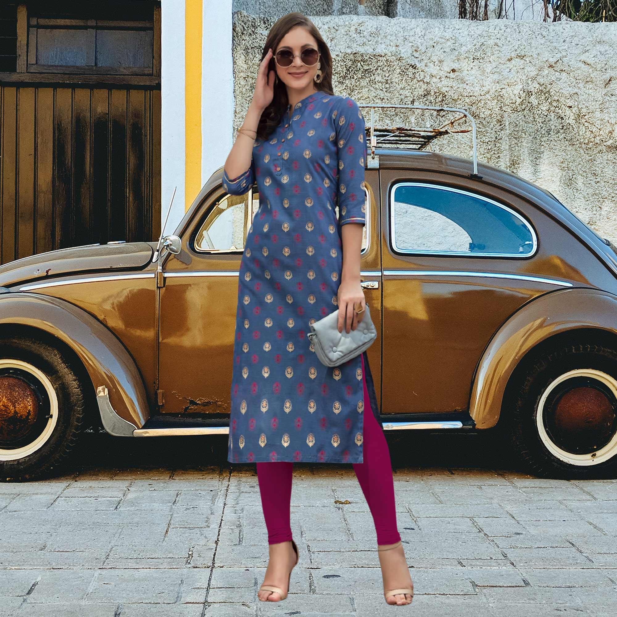 Blue Printed Poly Cotton Kurti - Peachmode