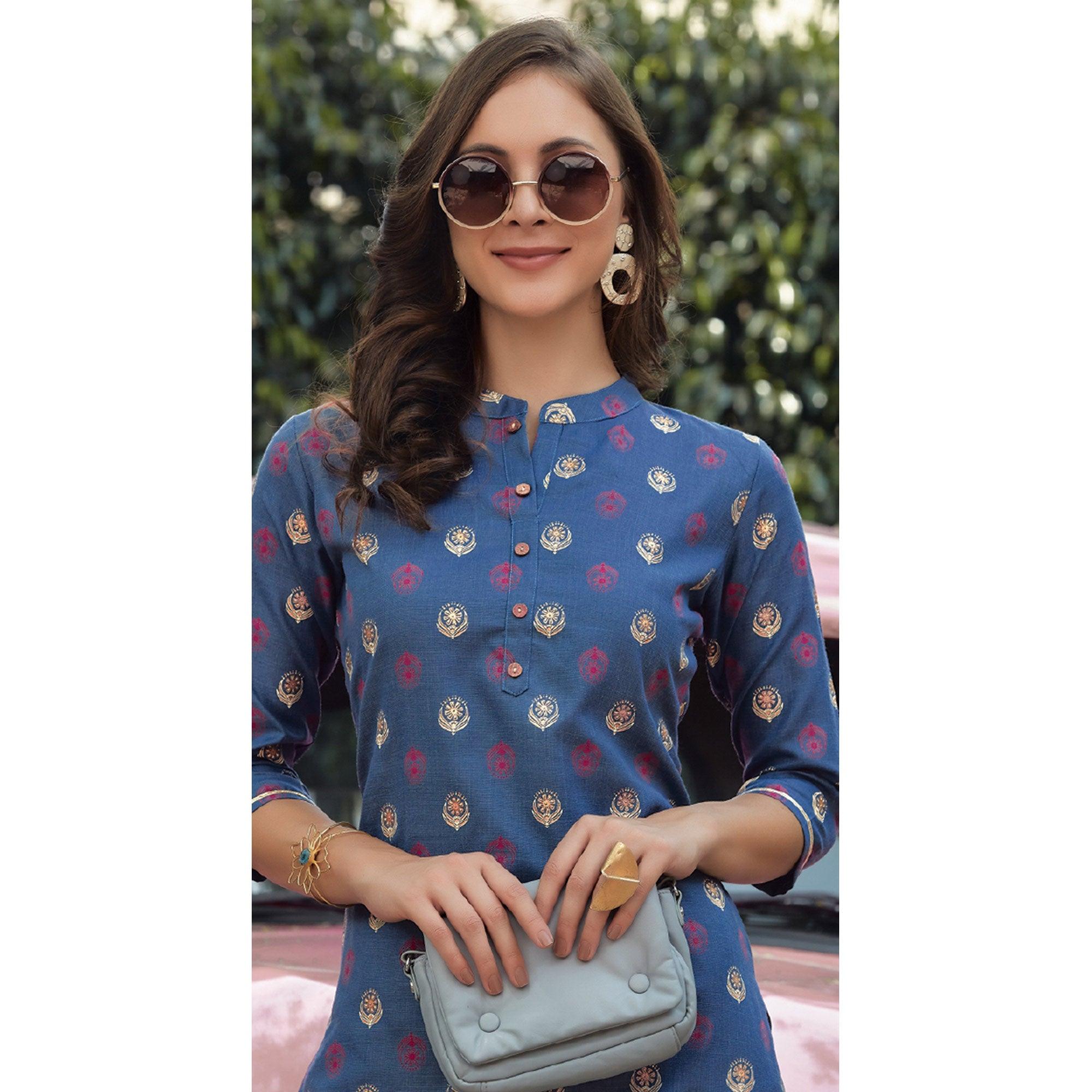 Blue Printed Poly Cotton Kurti - Peachmode