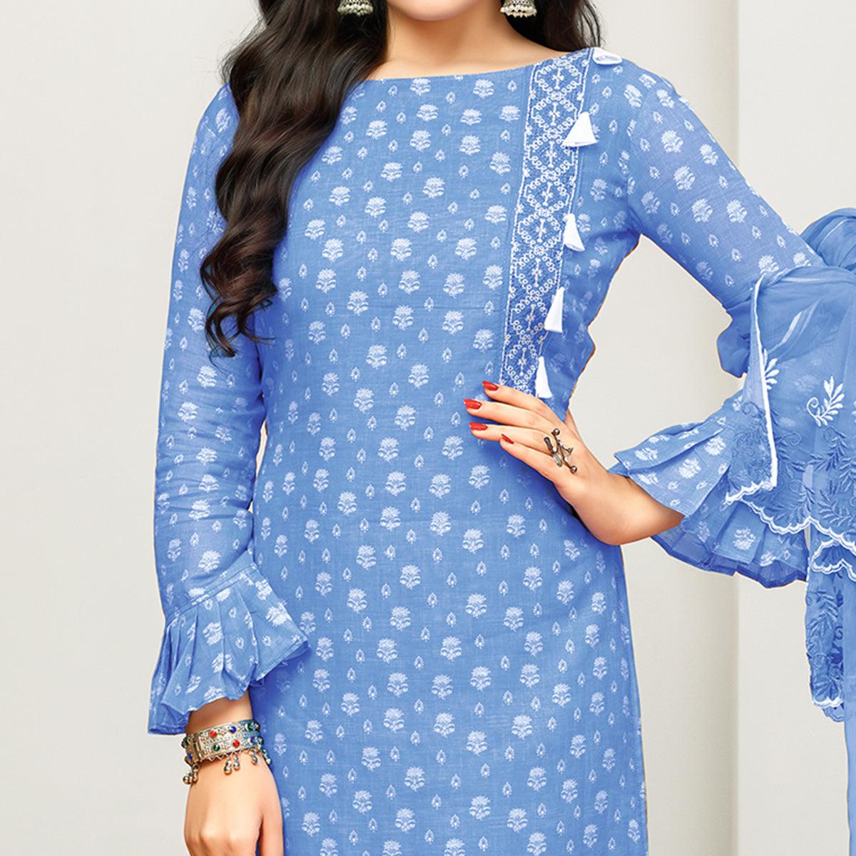 Blue Printed Poly Cotton Suit - Peachmode
